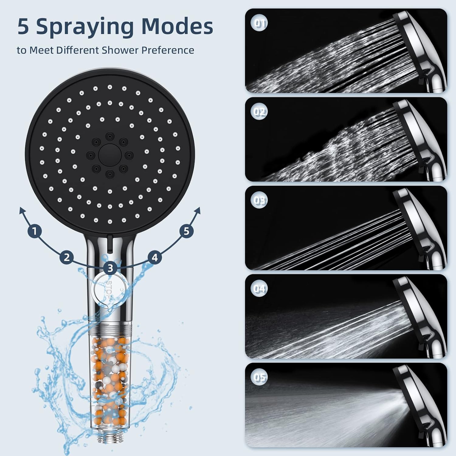 Shower head with 1.5m hose, 5 mode function anti-limescale shower head, high pressure shower head