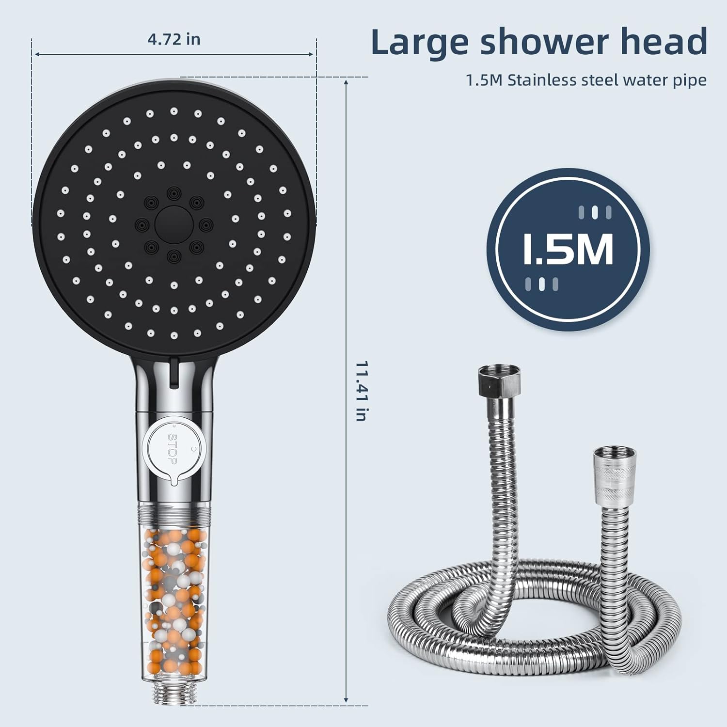 Shower head with 1.5m hose, 5 mode function anti-limescale shower head, high pressure shower head