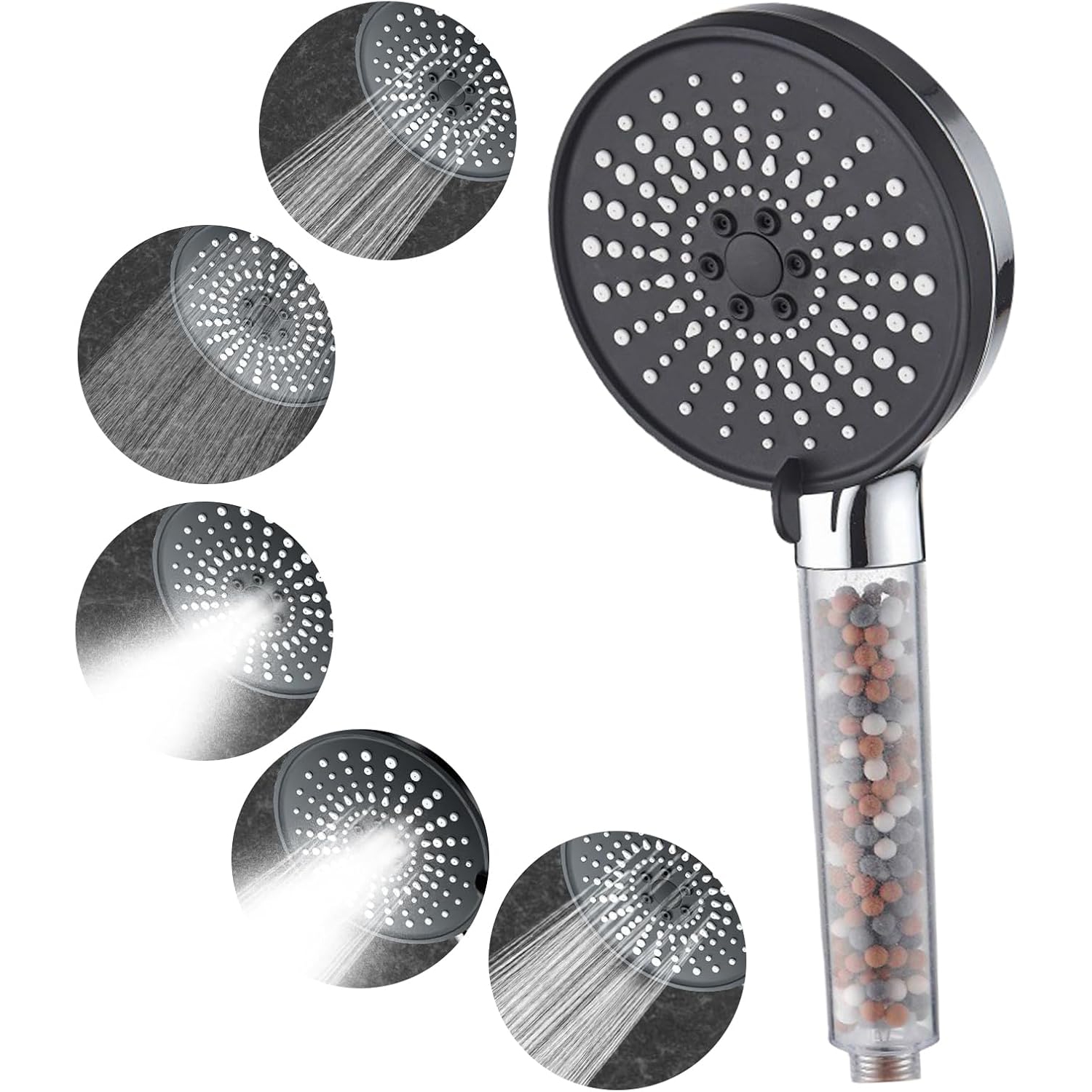 Five-speed adjustment High-pressure water Negative ion hard water softening and filtration Shower head - silver and black surface