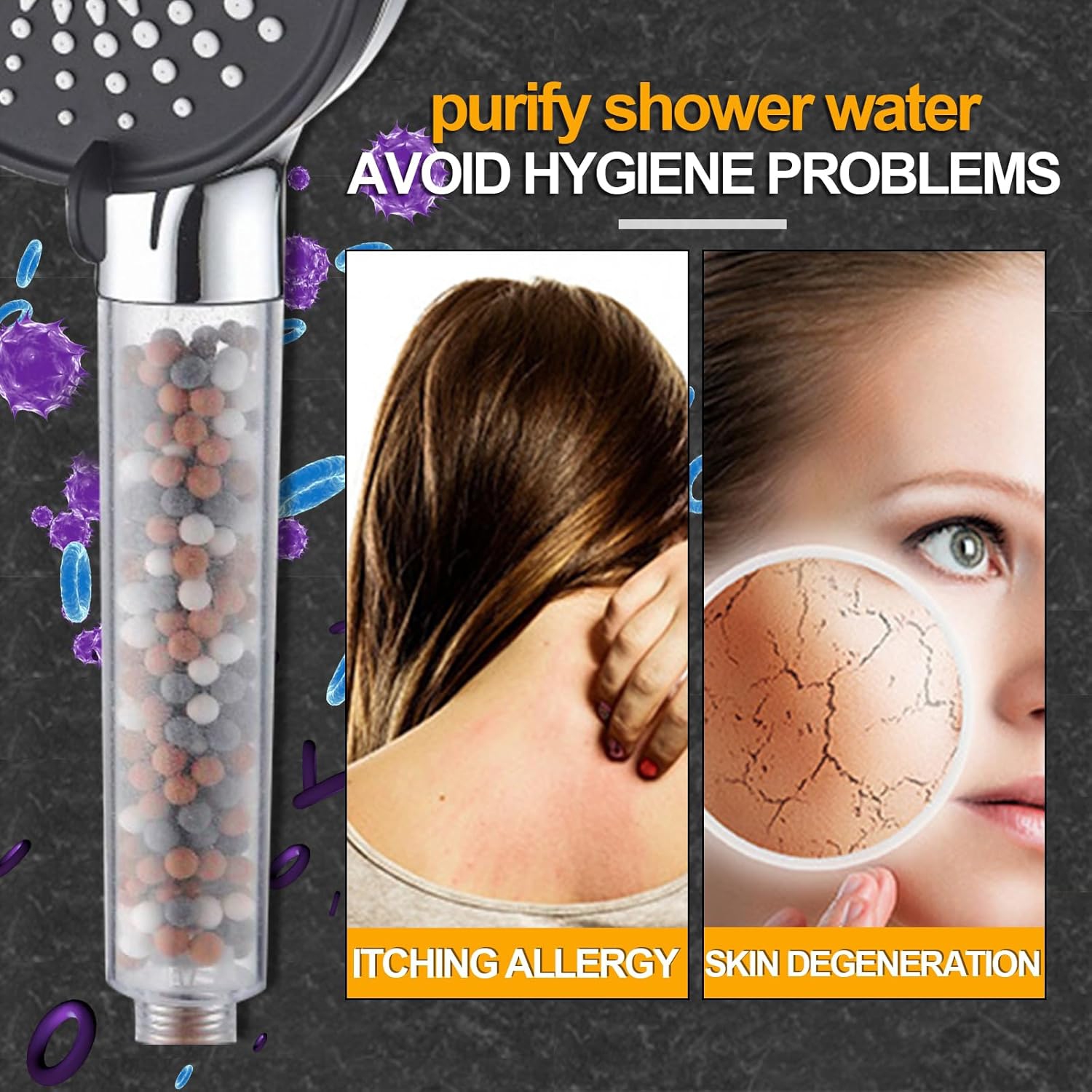 Five-speed adjustment High-pressure water Negative ion hard water softening and filtration Shower head - silver and black surface