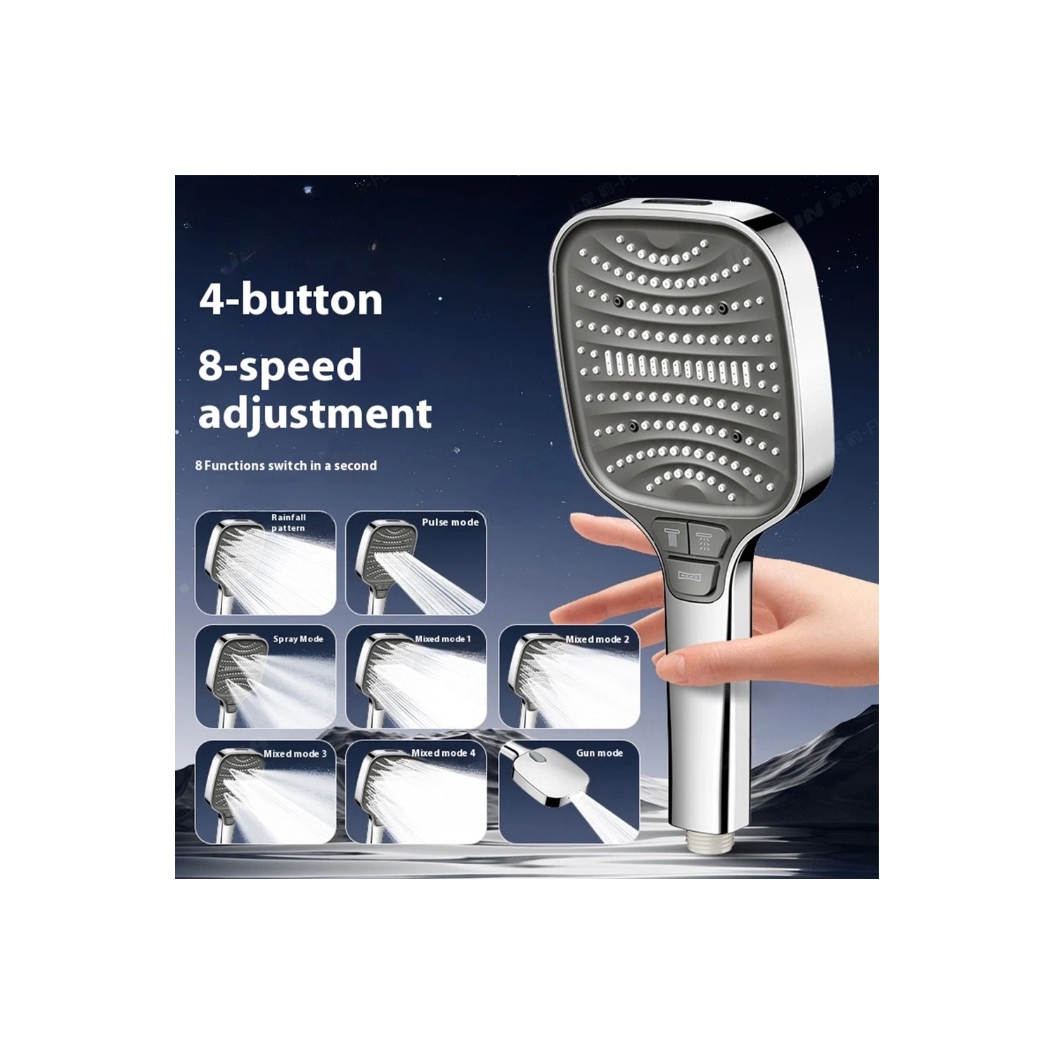 Pomme de douche surchargée Chauffe-eau de douche super puissant Tête pressurisée à main argent + tuyau chiffré 1,5&nbsp;m