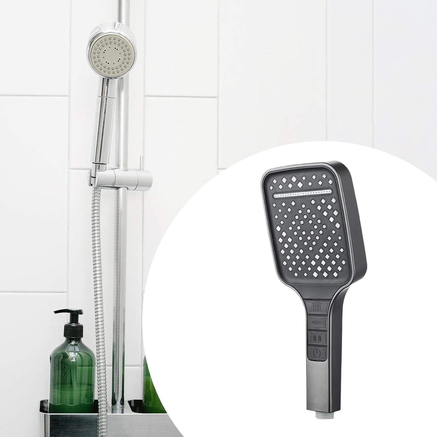 High Pressure Shower Head Removable 7-Mode Rain Shower Head Handheld Shower Head - Grey + 1.5m Silver Encryption Tube