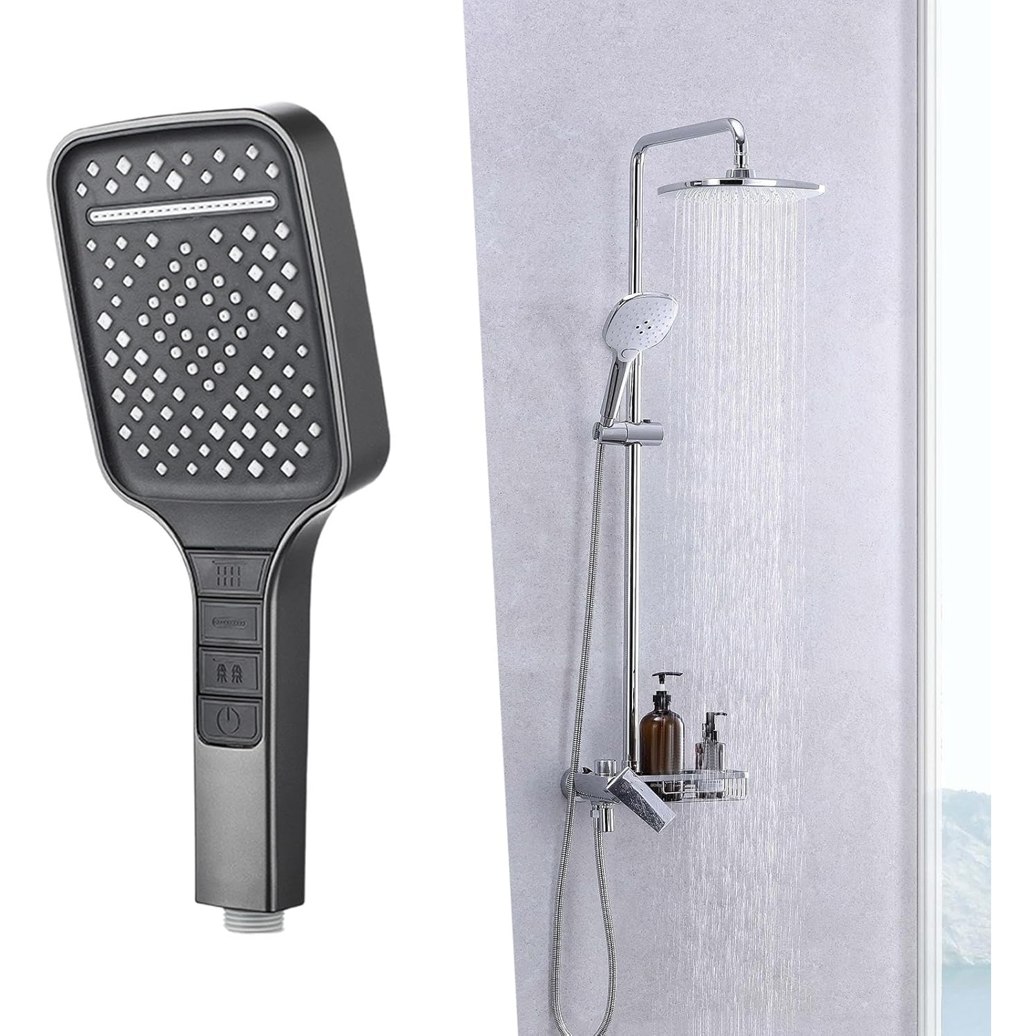 High Pressure Shower Head Removable 7-Mode Rain Shower Head Handheld Shower Head - Grey + 1.5m Silver Encryption Tube