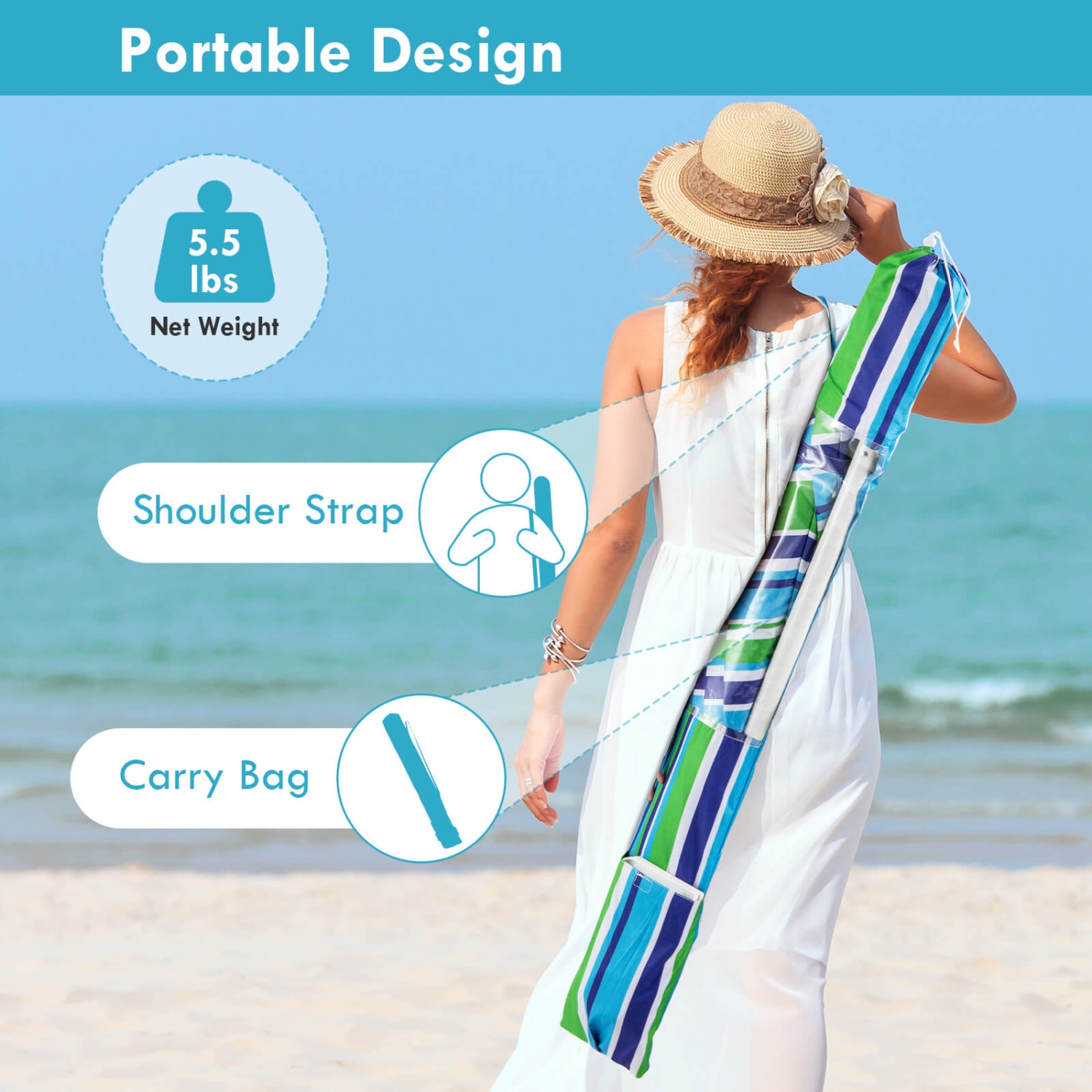 Costway 7.2 FT Portable Beach Umbrella Tilt Sand Anchor Cup Holder W/Carry Bag