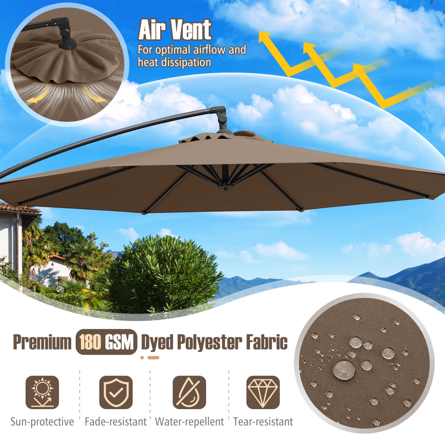 Parasol suspendu décalé de 10 pi de Costway avec base Parasol en porte-à-faux de patio, rotation de 360° Brun/Turquoise/Beige/Gris/Rouge