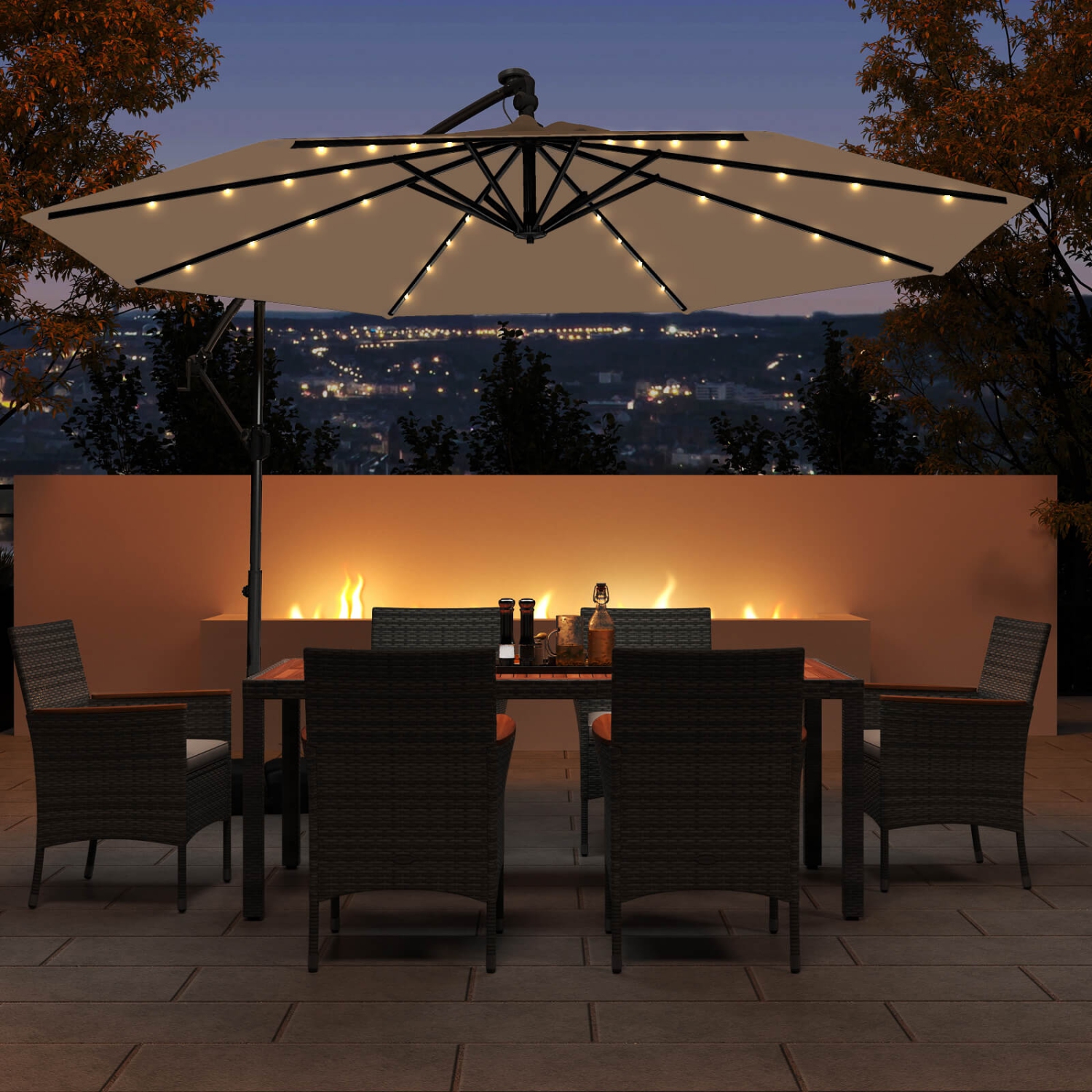 Costway 10 FT Solar Offset Hanging Umbrella Patio Cantilever Umbrella with 32 LED Lights Brown/Turquoise/Beige/Gray/Red