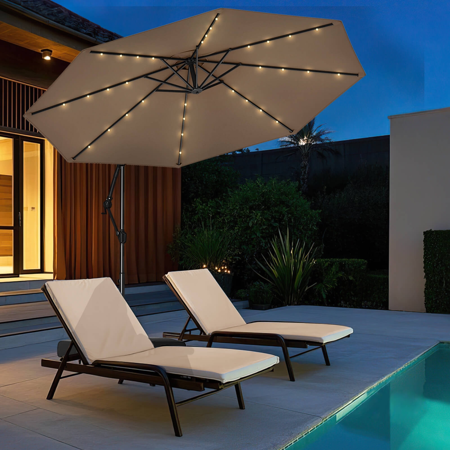 Costway 10 FT Solar Offset Hanging Umbrella Patio Cantilever Umbrella with 32 LED Lights Brown/Turquoise/Beige/Gray/Red