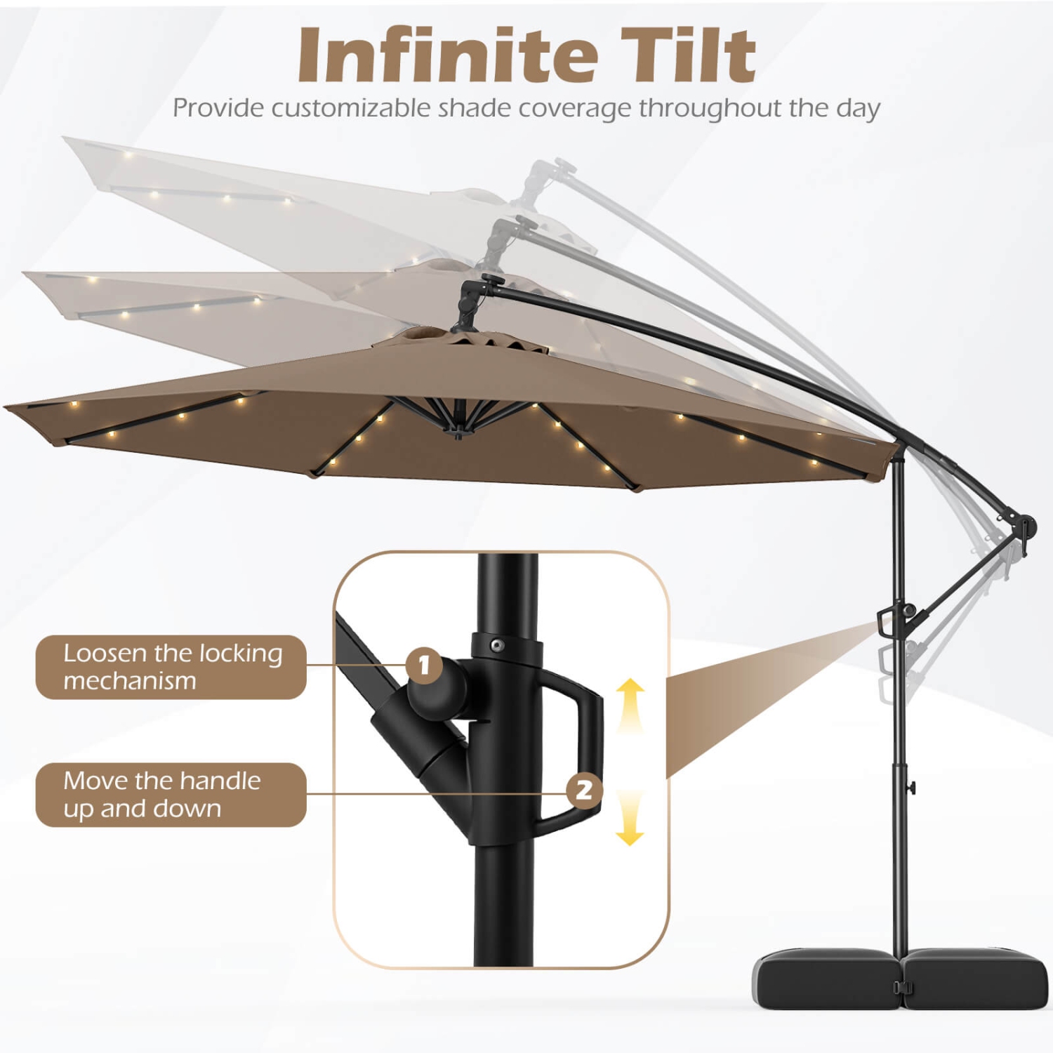 Costway 10 FT Solar Offset Hanging Umbrella Patio Cantilever Umbrella with 32 LED Lights Brown/Turquoise/Beige/Gray/Red