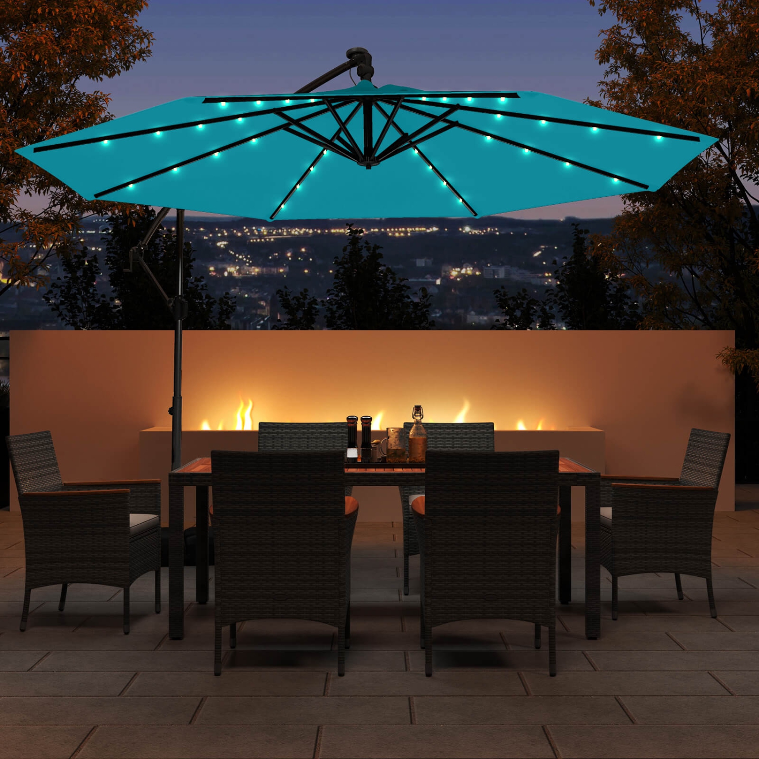 Parasol en porte-à-faux patio solaire décalé 10 pi de Costway/32 LED/Brun/Turquoise/Beige/Gris/Rouge