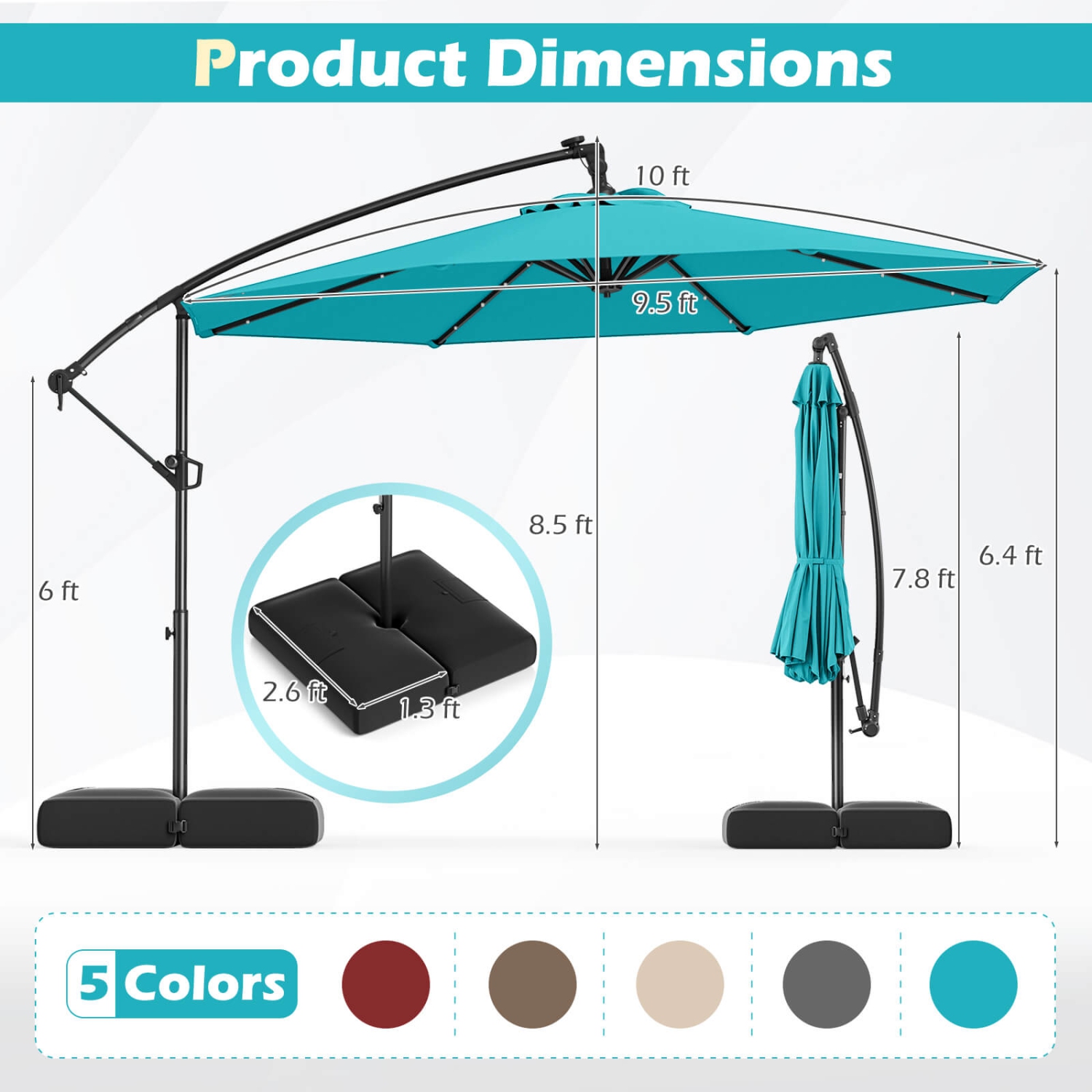 Parasol en porte-à-faux patio solaire décalé 10 pi de Costway/32 LED/Brun/Turquoise/Beige/Gris/Rouge