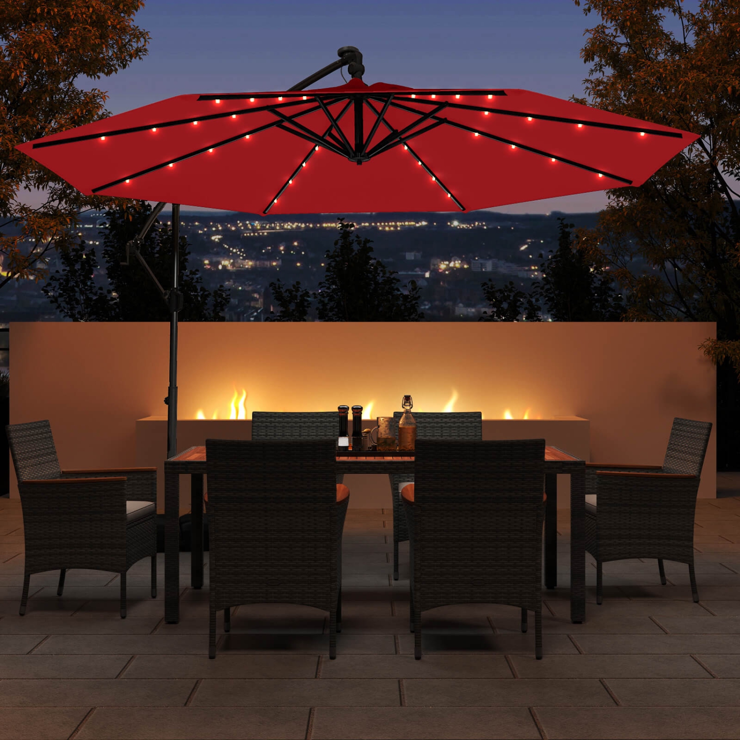 Parasol en porte-à-faux patio solaire décalé 10 pi de Costway/32 LED/Brun/Turquoise/Beige/Gris/Rouge