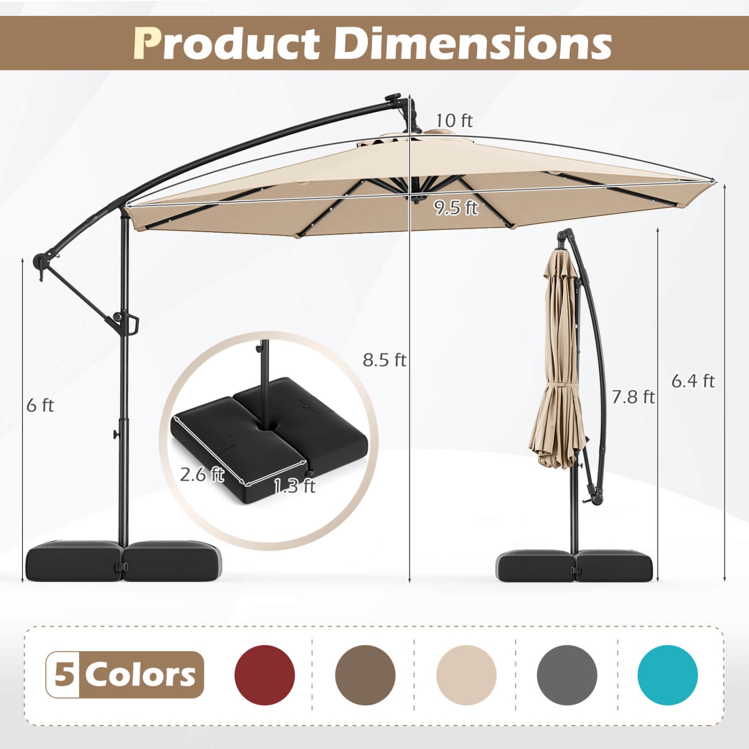 Costway 10 FT Solar Offset Hanging Umbrella Patio Cantilever Umbrella with 32 LED Lights Brown/Turquoise/Beige/Gray/Red