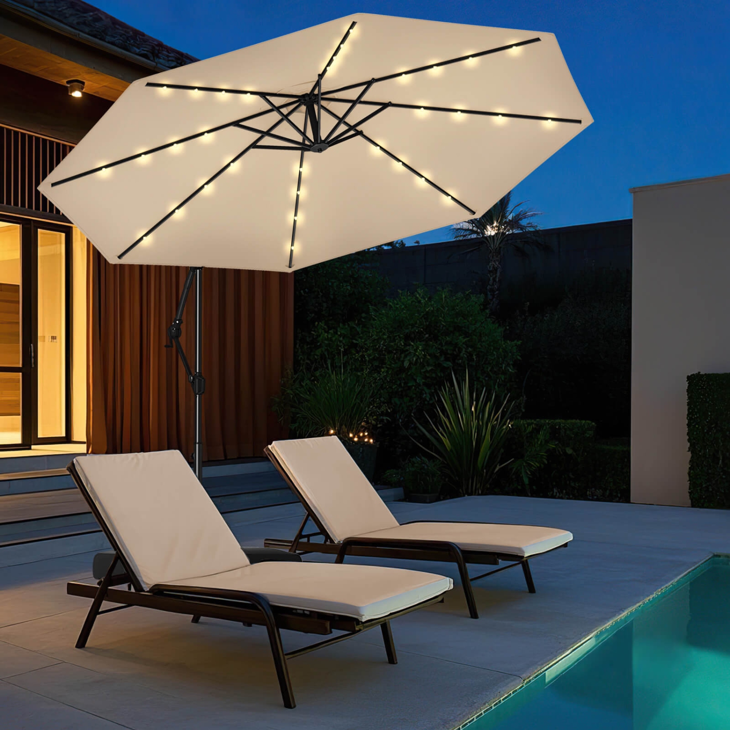 Costway 10 FT Solar Offset Hanging Umbrella Patio Cantilever Umbrella with 32 LED Lights Brown/Turquoise/Beige/Gray/Red