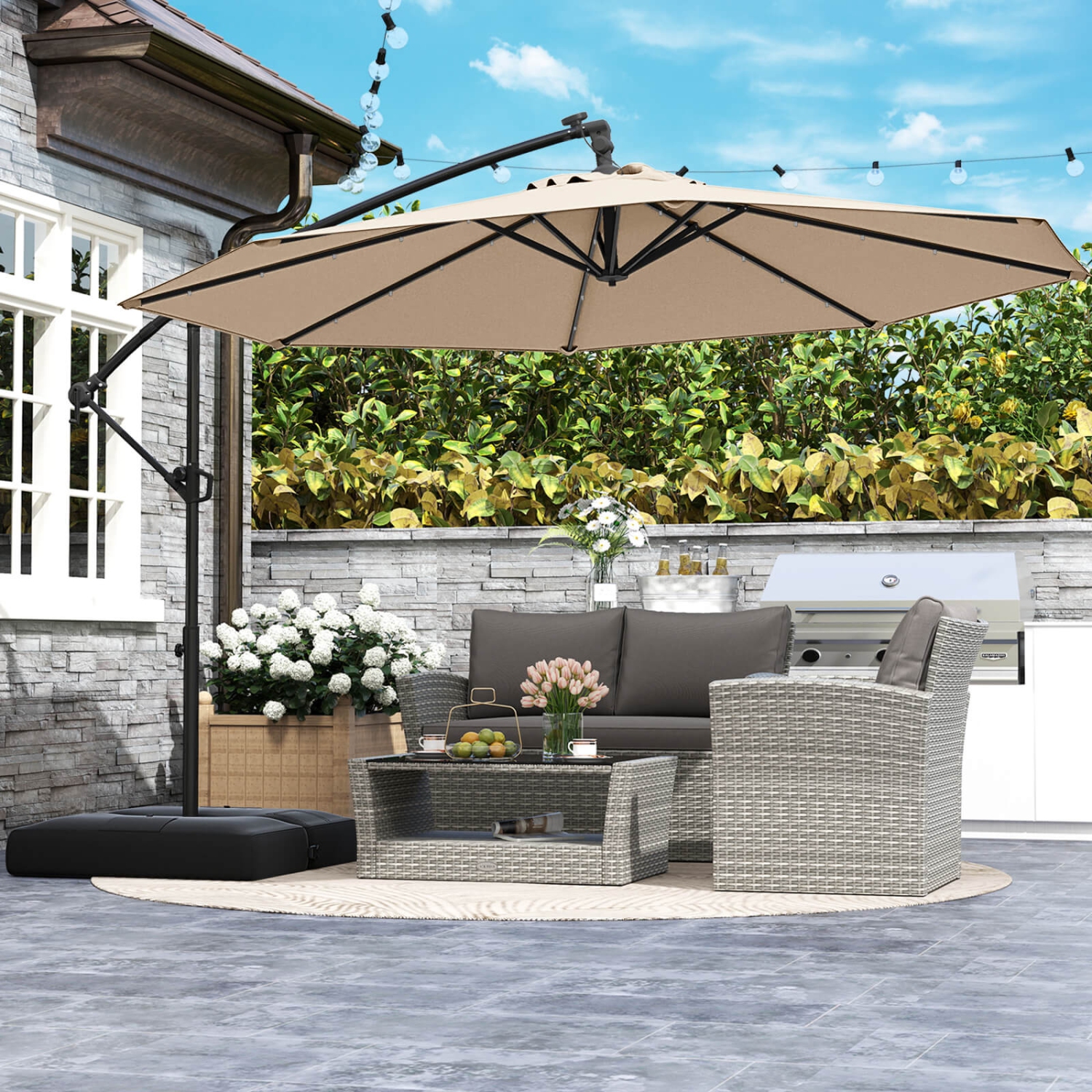 Costway 10 FT Solar Offset Hanging Umbrella Patio Cantilever Umbrella with 32 LED Lights Brown/Turquoise/Beige/Gray/Red