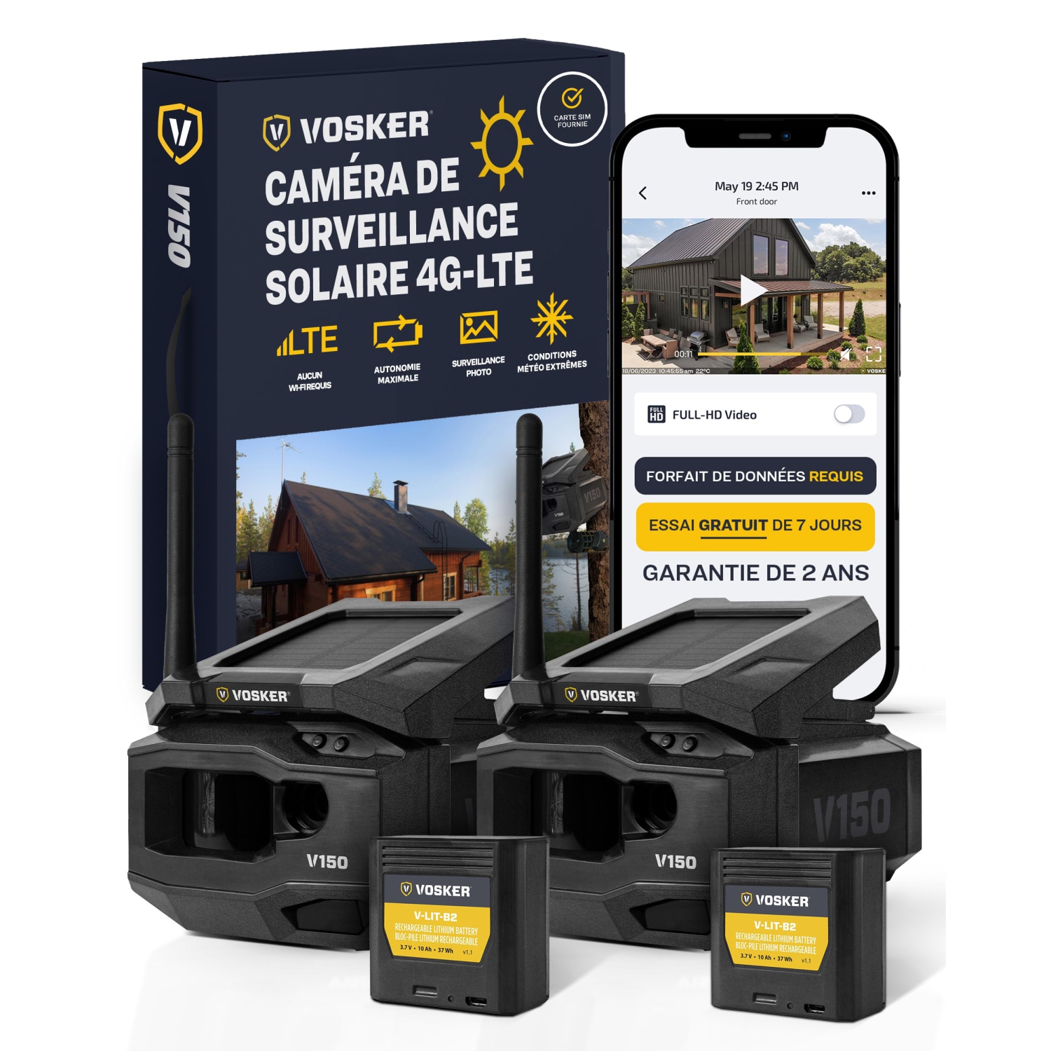 VOSKER V150 TWIN PACK Caméra de sécurité LTE solaire | Caméra sans fil à capteur activé par le mouvement, sans Wi-Fi | Recevez des photos sur votre