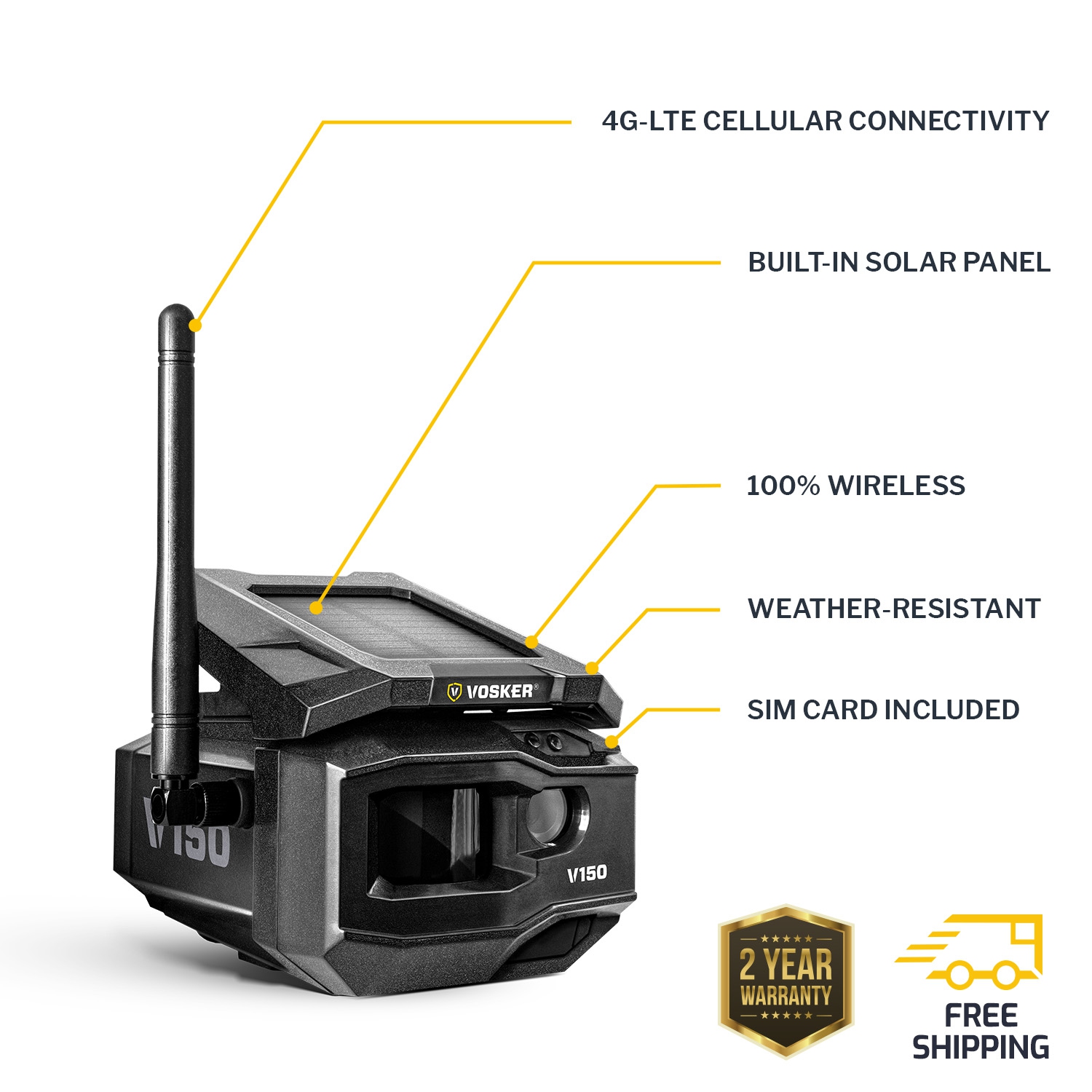 VOSKER V150 TWIN PACK Caméra de sécurité LTE solaire | Caméra sans fil à capteur activé par le mouvement, sans Wi-Fi | Recevez des photos sur votre