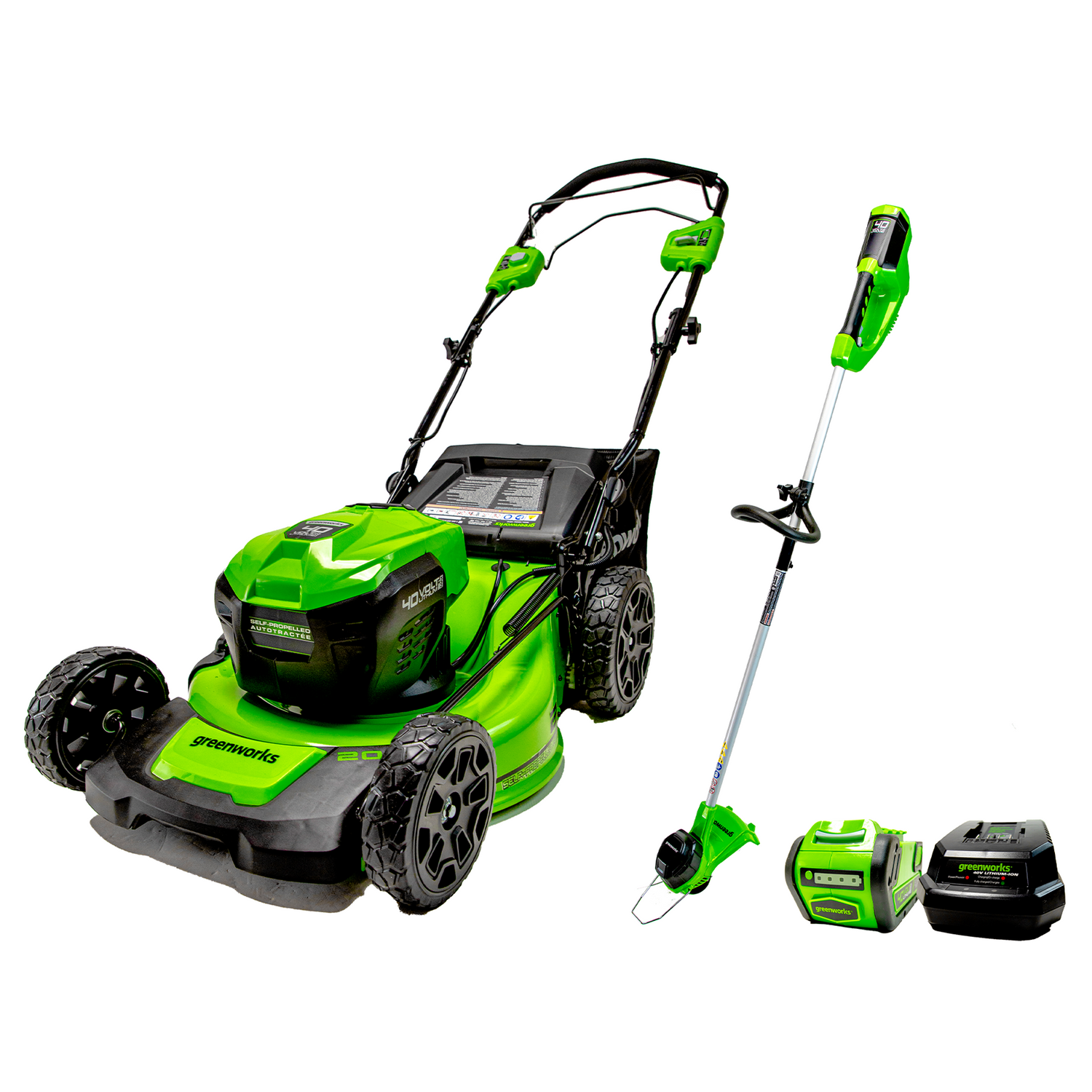 Greenworks 40V 20" Self-Propelled Mower & 40V 12" String Trimmer Combo Kit, 5.0Ah Battery and Charger Included