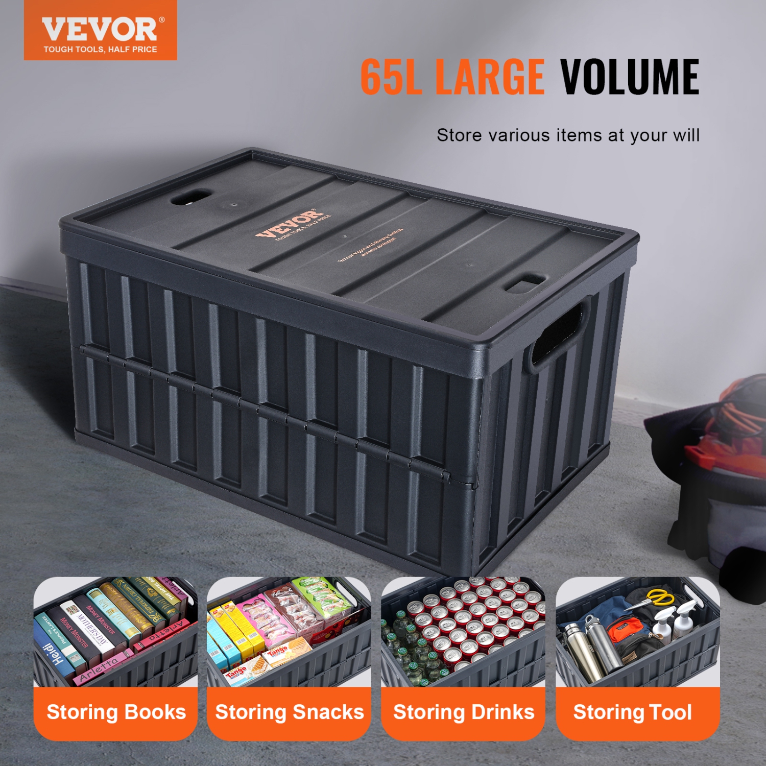 VEVOR 65L 3 Packs Collapsible Storage Bins with Lids, Folding Plastic Stackable Utility Crates with Handles, Large Heavy Duty Containers for Clothes,