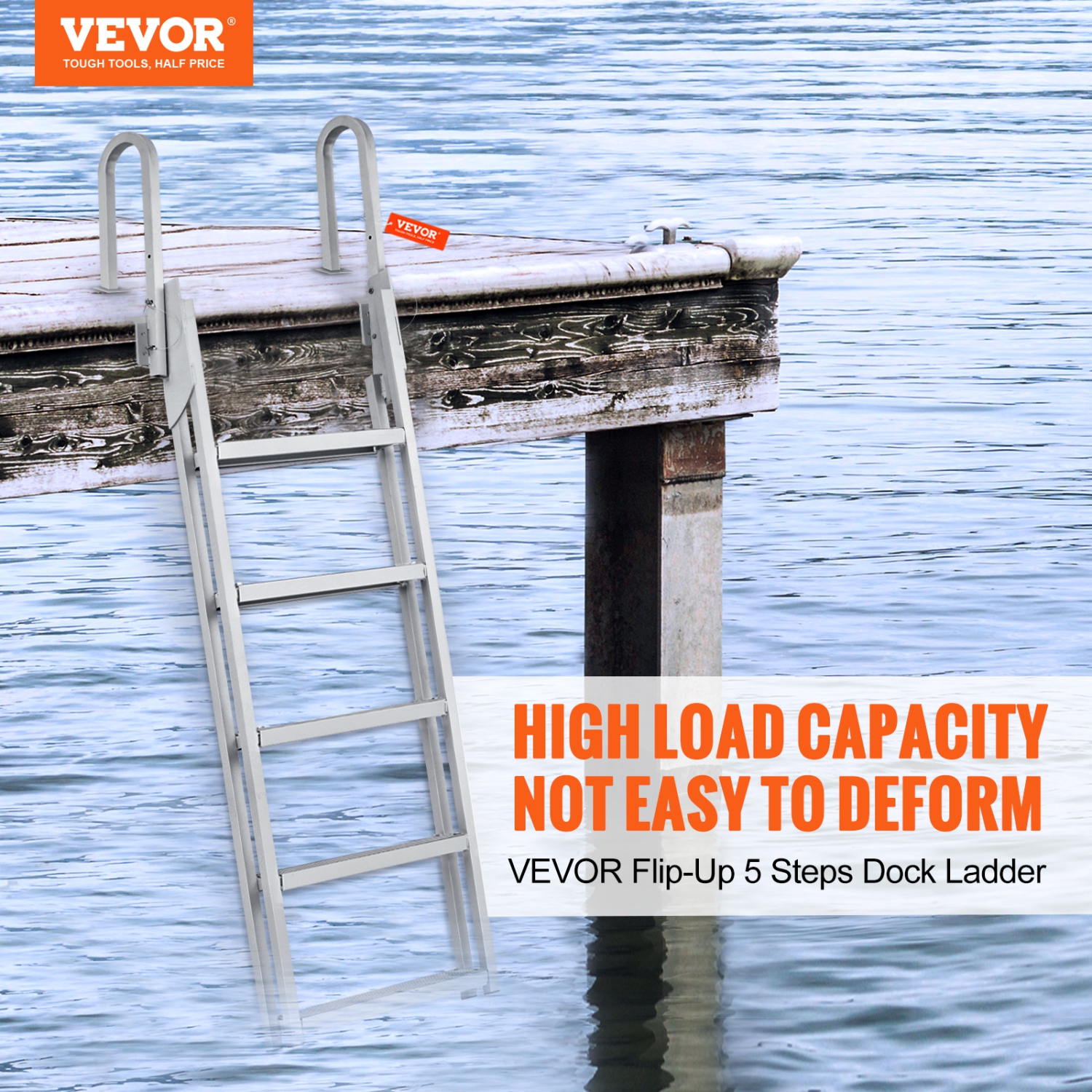 VEVOR Dock Ladder, Flip-Up 5 Steps, 350 lbs Load Capacity, Aluminum Alloy Pontoon Boat Ladder with 4'' Wide Step & Nonslip Rubber Mat, Easy to