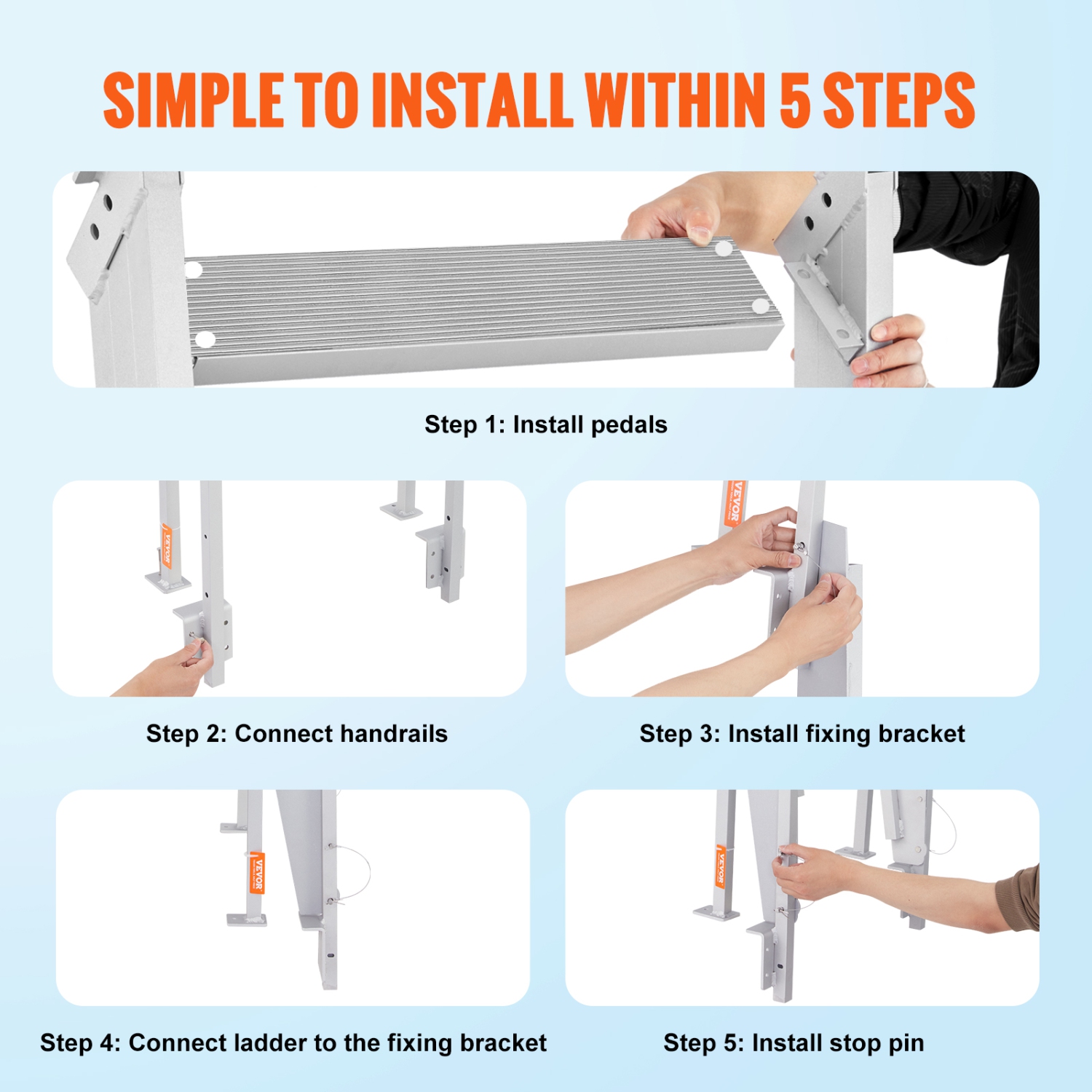VEVOR Dock Ladder, Flip-Up 5 Steps, 350 lbs Load Capacity, Aluminum Alloy Pontoon Boat Ladder with 4'' Wide Step & Nonslip Rubber Mat, Easy to