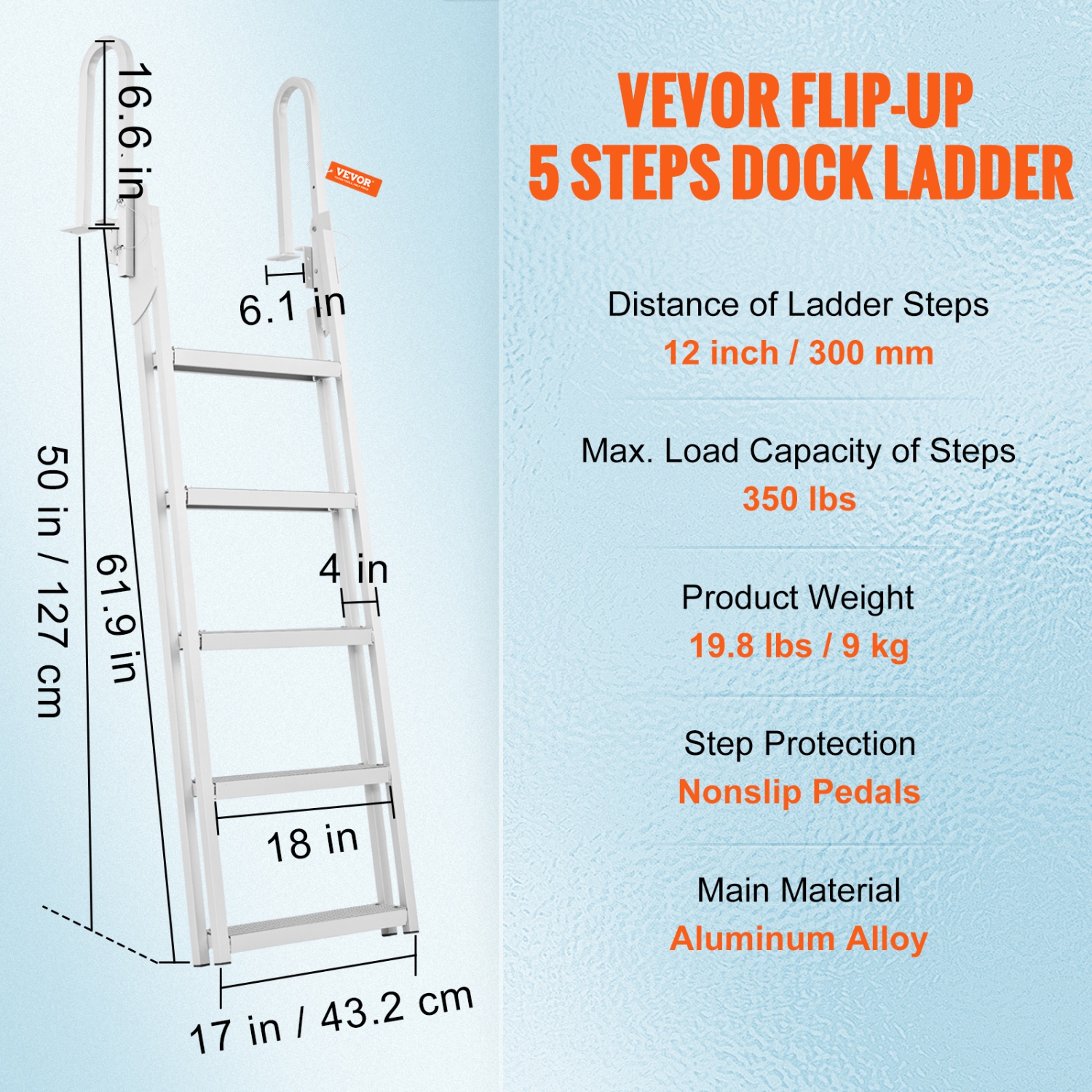 VEVOR Dock Ladder, Flip-Up 5 Steps, 350 lbs Load Capacity, Aluminum Alloy Pontoon Boat Ladder with 4'' Wide Step & Nonslip Rubber Mat, Easy to