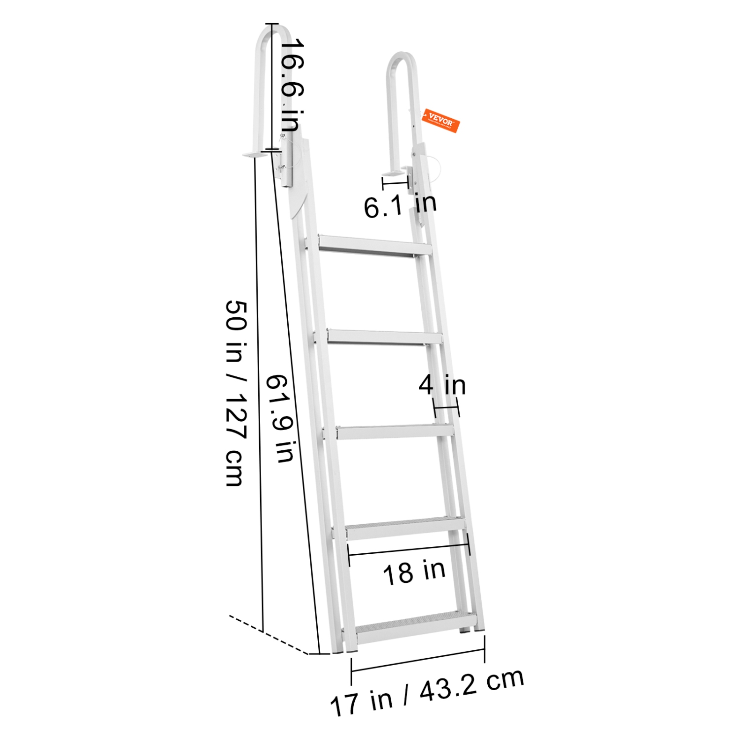 VEVOR Dock Ladder, Flip-Up 5 Steps, 350 lbs Load Capacity, Aluminum Alloy Pontoon Boat Ladder with 4'' Wide Step & Nonslip Rubber Mat, Easy to