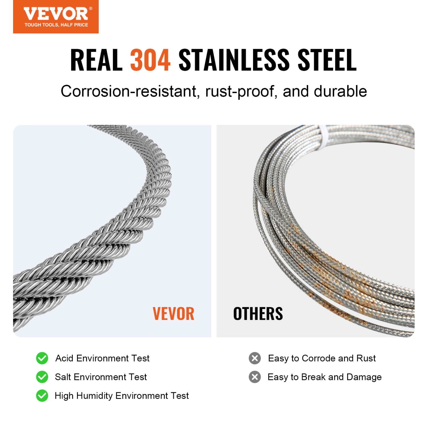 VEVOR 1/16" 66 ft Wire Rope Kit, 304 Stainless Steel Cable with Crimping Pliers, 160 Sleeves and 12 Thimbles, 7x7 Strands Construction Marine