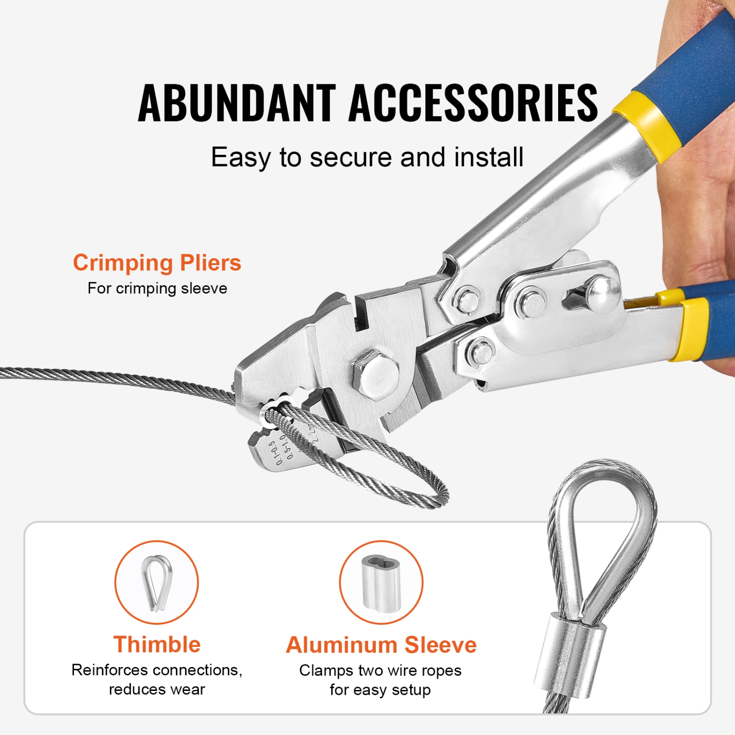 VEVOR 1/16" 66 ft Wire Rope Kit, 304 Stainless Steel Cable with Crimping Pliers, 160 Sleeves and 12 Thimbles, 7x7 Strands Construction Marine