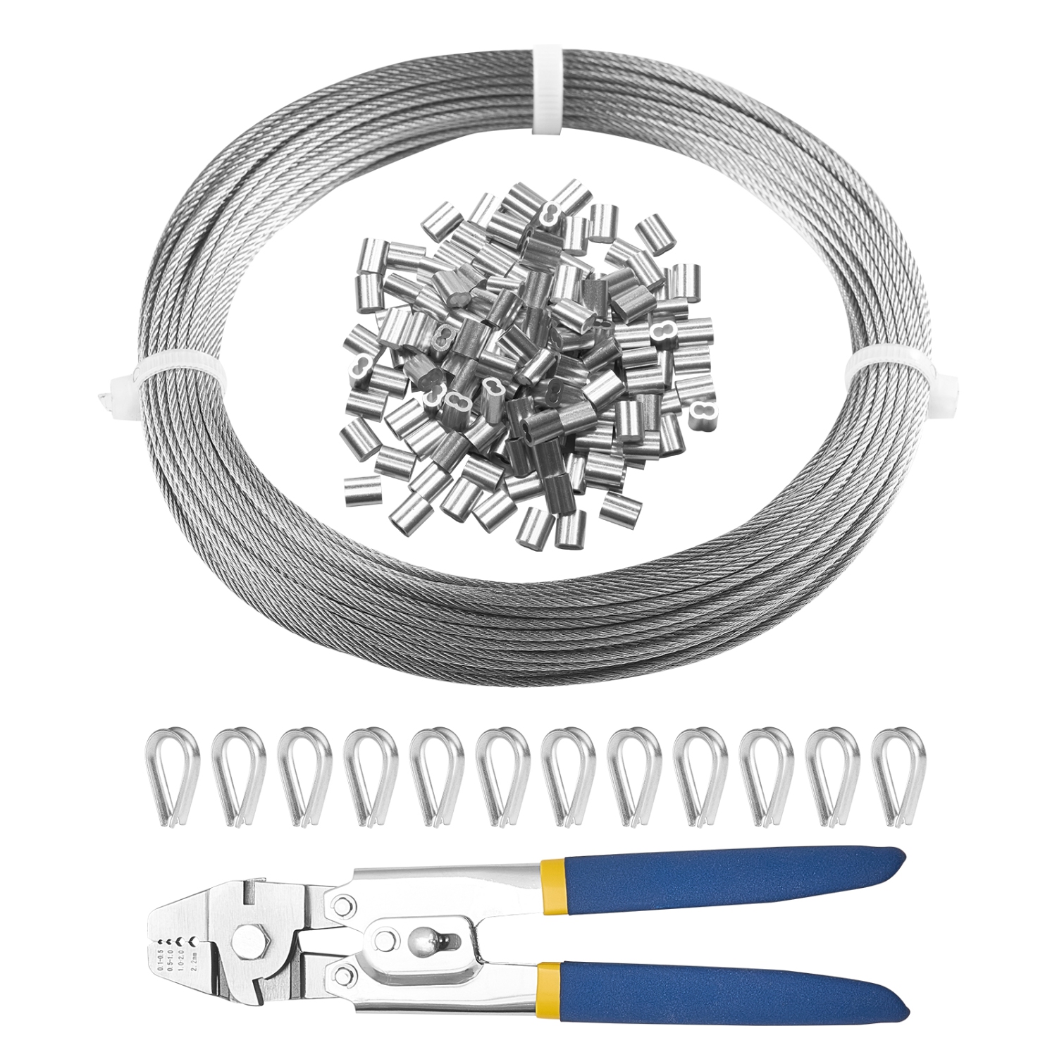 VEVOR 1/16" 66 ft Wire Rope Kit, 304 Stainless Steel Cable with Crimping Pliers, 160 Sleeves and 12 Thimbles, 7x7 Strands Construction Marine