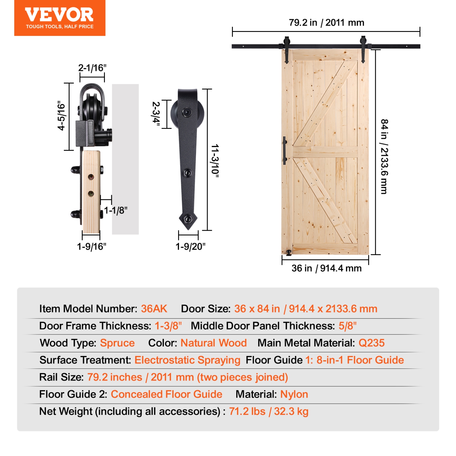 VEVOR 36" x 84" Barn Door and Hardware Kit, Wood Sliding Barn Door, Smoothly and Quietly, Barn Door Kit with 8-in-1 Floor Guide and Door Handle,