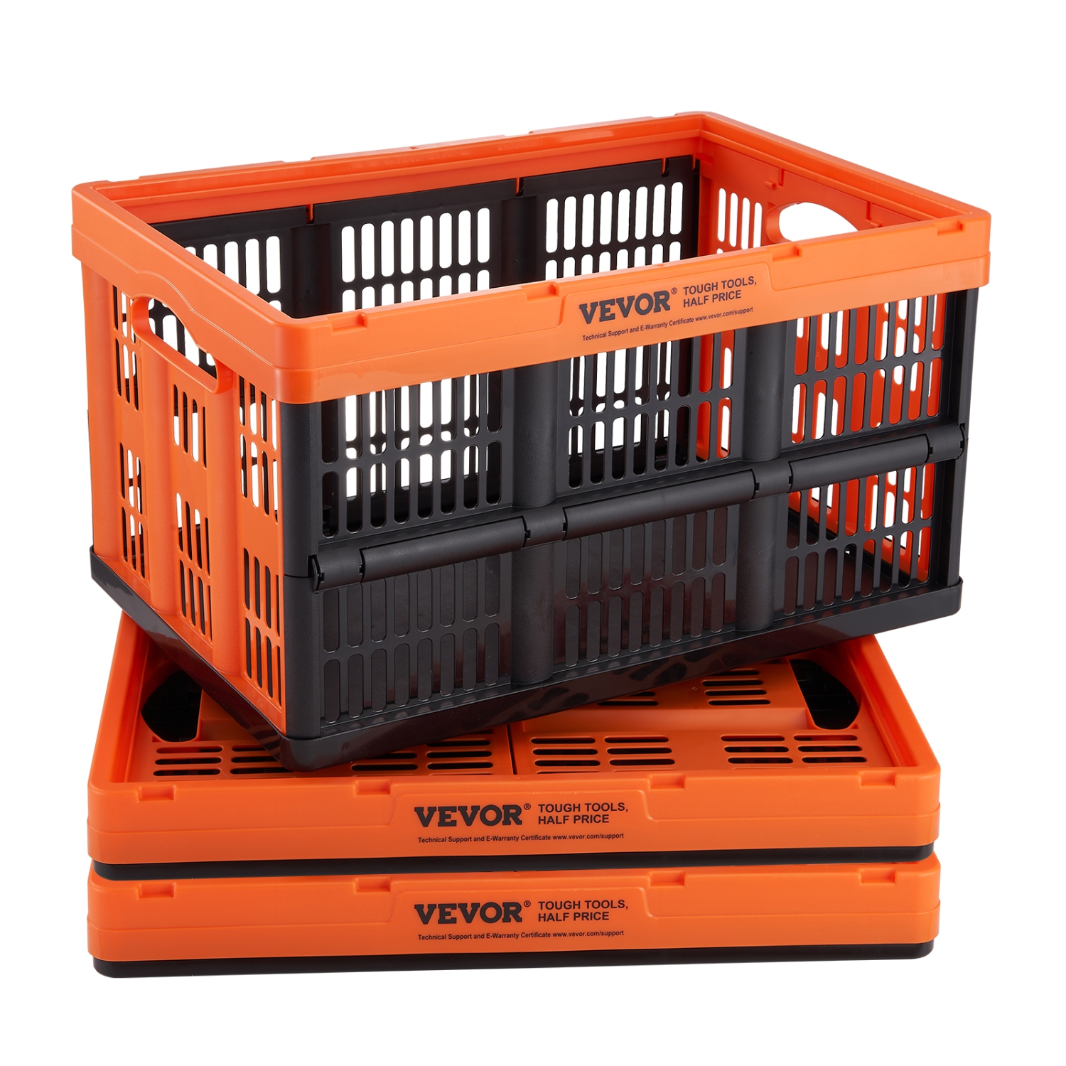 VEVOR 45L 3 Packs Plastic Collapsible Storage Basket, Folding Stackable Storage Containers/Bins with Handles, Large Heavy Duty Containers for