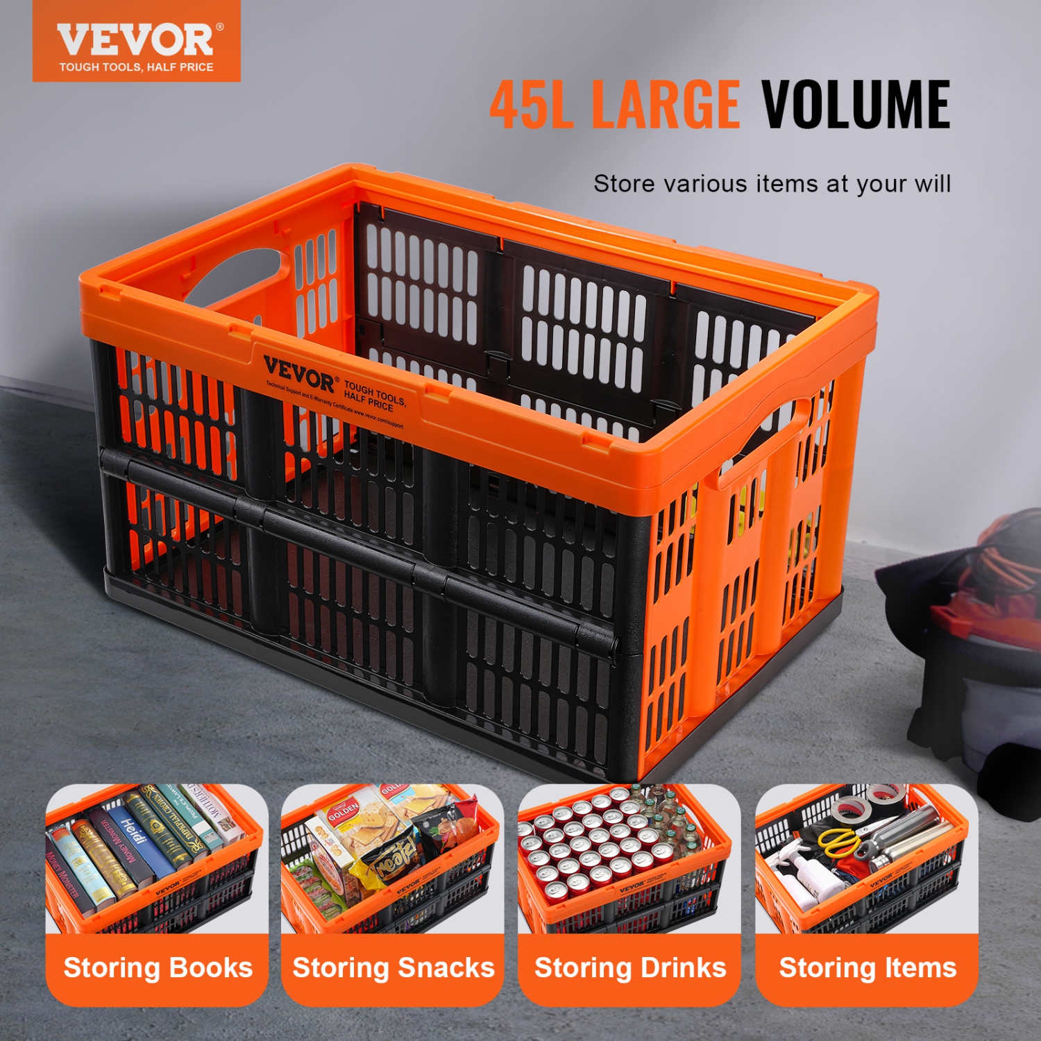 VEVOR 45L 3 Packs Plastic Collapsible Storage Basket, Folding Stackable Storage Containers/Bins with Handles, Large Heavy Duty Containers for
