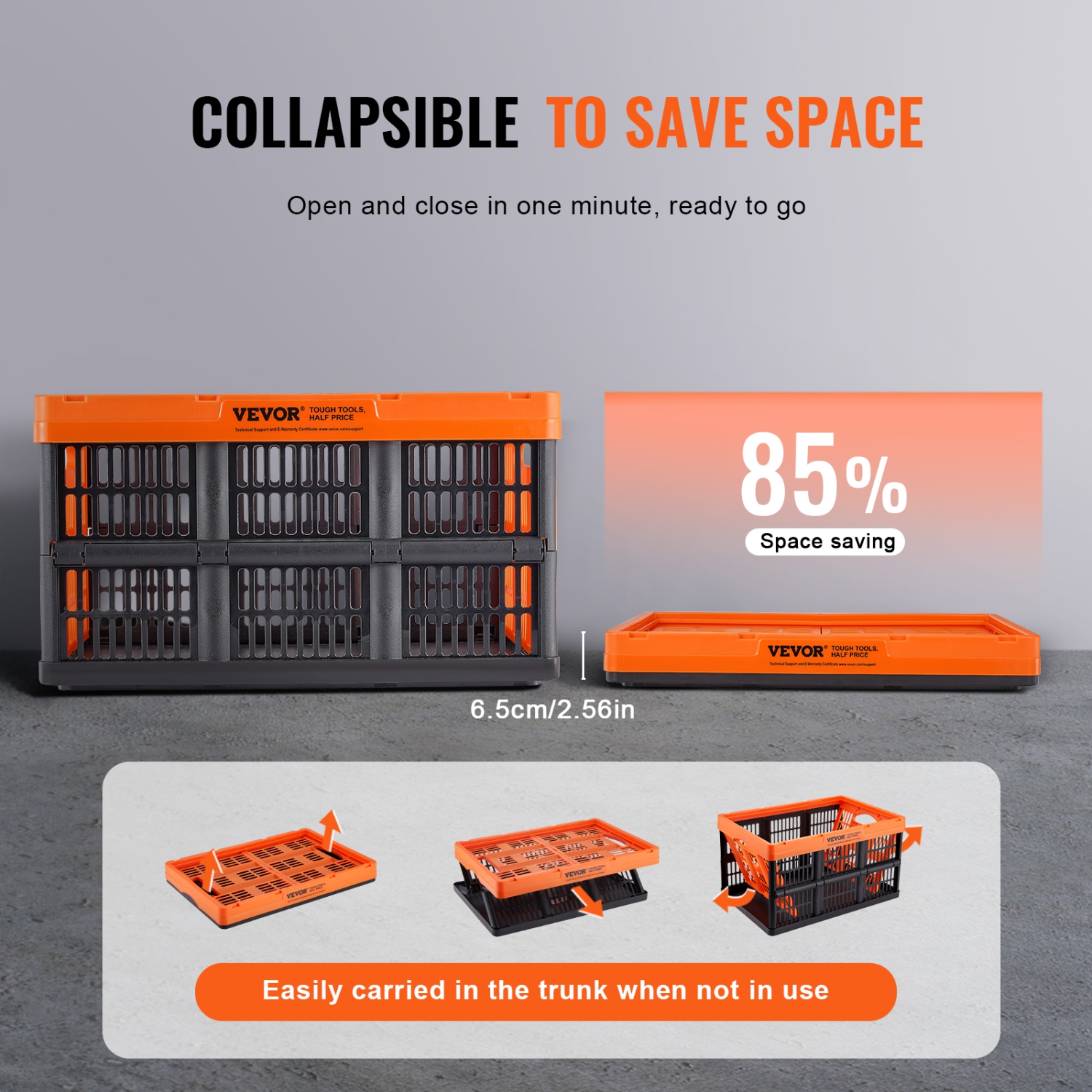 VEVOR 45L 3 Packs Plastic Collapsible Storage Basket, Folding Stackable Storage Containers/Bins with Handles, Large Heavy Duty Containers for