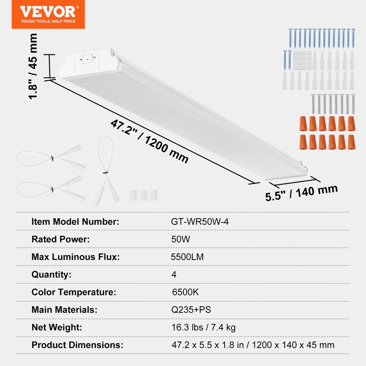 VEVOR 4FT LED Wraparound Light,50W, 5500LM Flush Mount LED Shop Light, 4 Pack 6500K Daylight LED Kitchen Ceiling Lighting Fixtures, for Garage Office