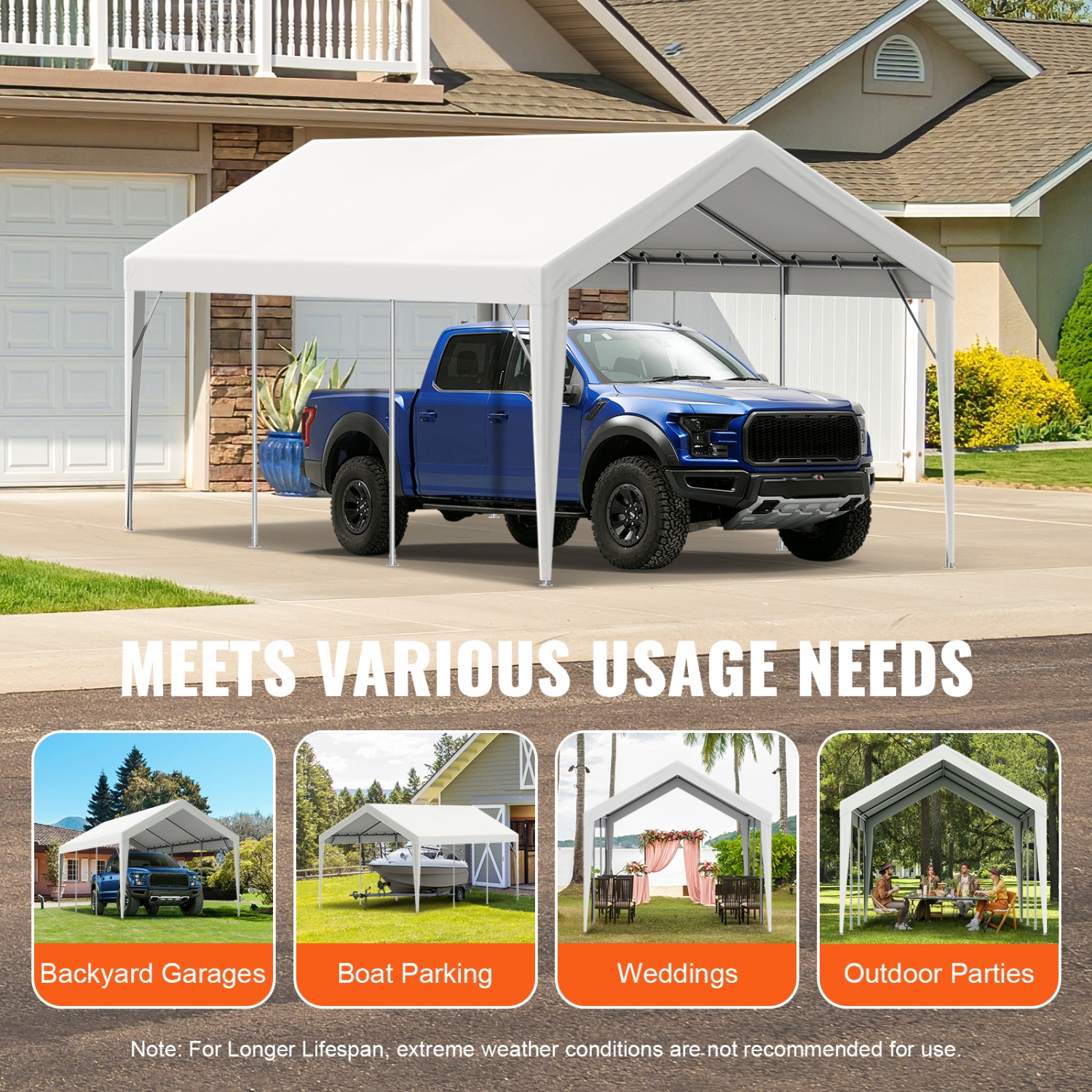 VEVOR 10 x 20 ft Carport Replacement Canopy Cover, Garage Top Tent Shelter Tarp Heavy-Duty Waterproof & UV Protected, with Ball Bungees,White