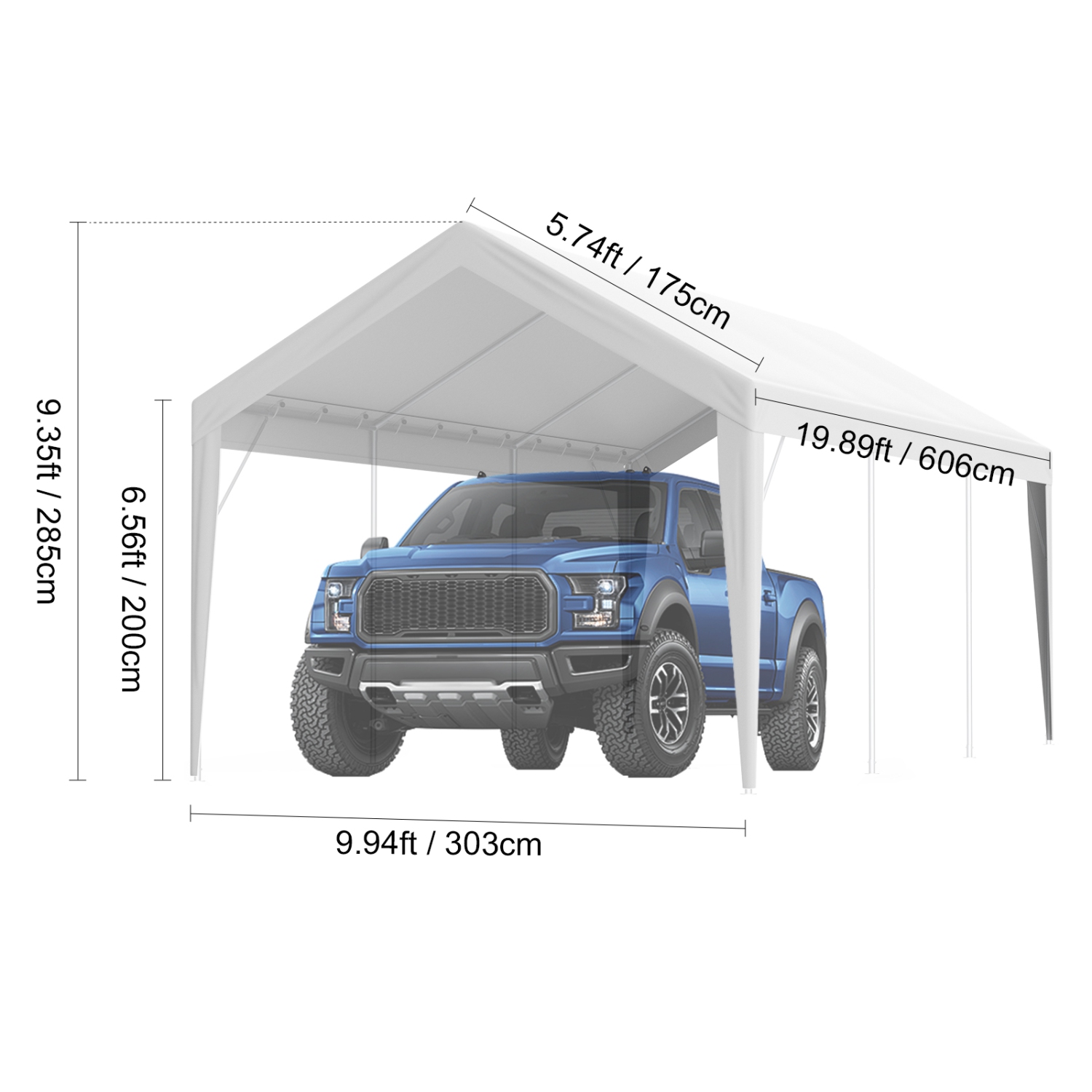 VEVOR 10 x 20 ft Carport Replacement Canopy Cover, Garage Top Tent Shelter Tarp Heavy-Duty Waterproof & UV Protected, with Ball Bungees,White