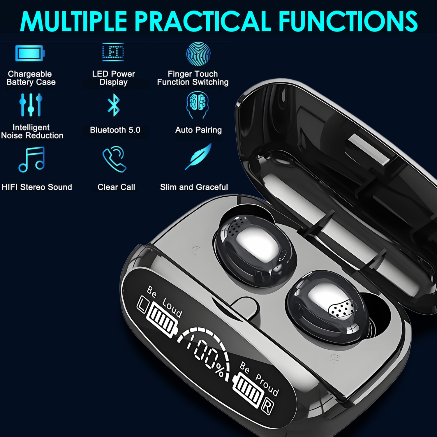 Écouteurs Bluetooth TWS, écouteurs tactiles sans fil, écouteurs de jeu étanches avec écran LED pour la maison et les voyages