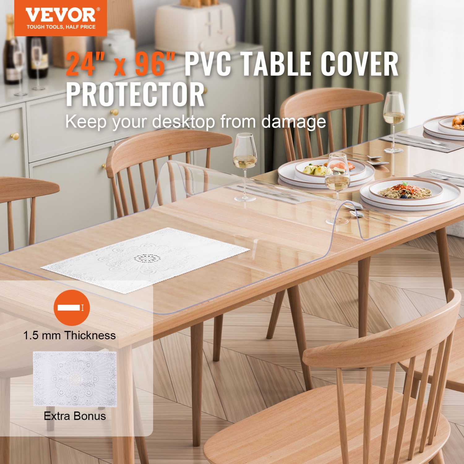 VEVOR 24 x 96 Inch Plastic Table Cover, 1.5 mm Thick Clear Table Protector, Rectangle PVC Desk Mat, Waterproof & Easy Cleaning Desk Pad Tablecloth,