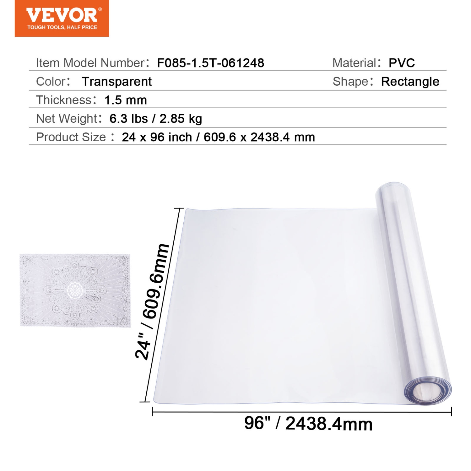 VEVOR 24 x 96 Inch Plastic Table Cover, 1.5 mm Thick Clear Table Protector, Rectangle PVC Desk Mat, Waterproof & Easy Cleaning Desk Pad Tablecloth,