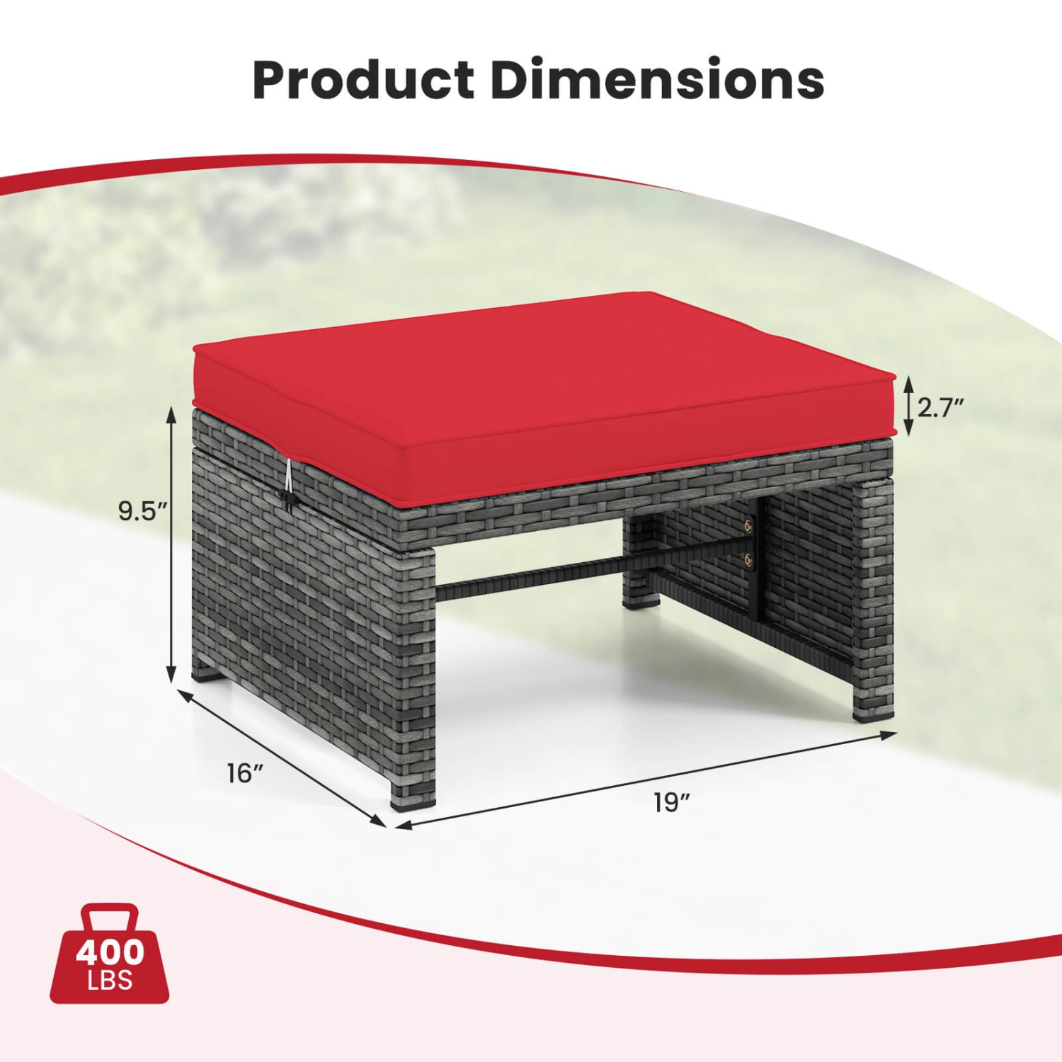 Costway Patio Ottomans Set of 2 PE Rattan Footstools with Removable Cushions & Metal Frame Red/Gray/Black/White/Turquoise/Navy