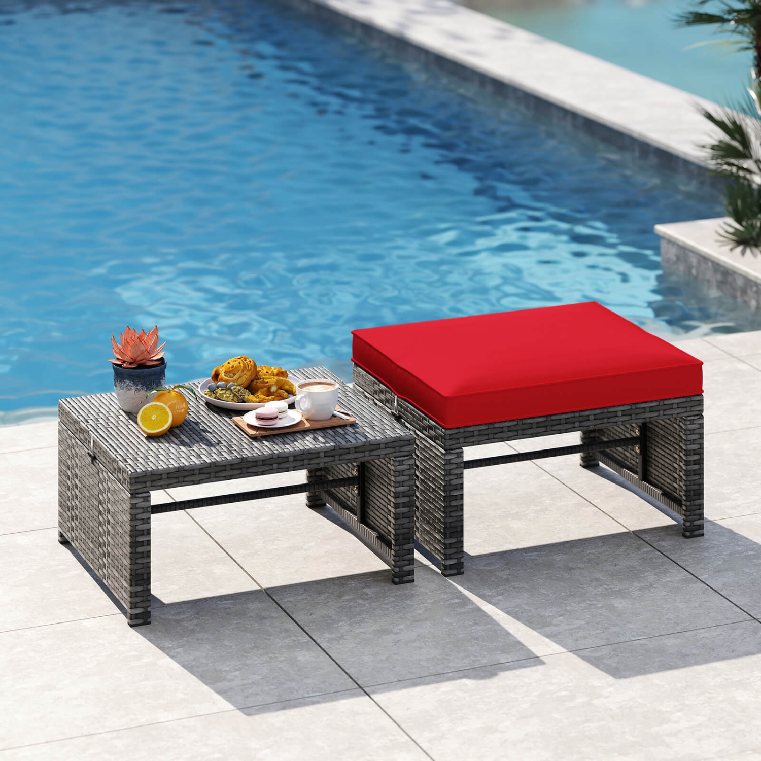 Costway Patio Ottomans Set of 2 PE Rattan Footstools with Removable Cushions & Metal Frame Red/Gray/Black/White/Turquoise/Navy