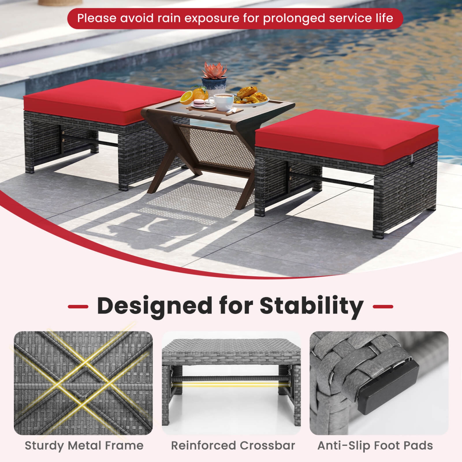 Costway Patio Ottomans Set of 2 PE Rattan Footstools with Removable Cushions & Metal Frame Red/Gray/Black/White/Turquoise/Navy