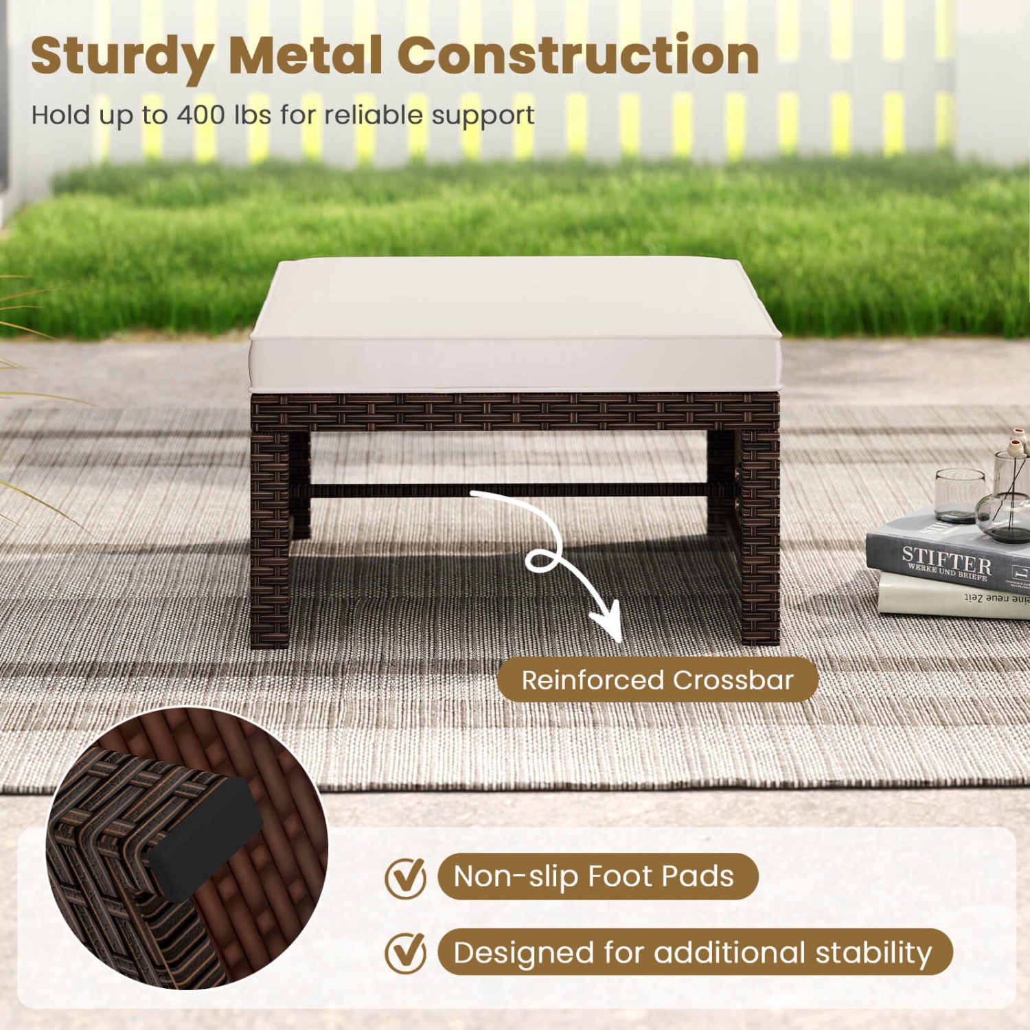 Costway 2 PCS Patio PE Rattan Ottomans with Soft Zippered Cushions for Deck Outdoor White/Navy/Red/Turquoise