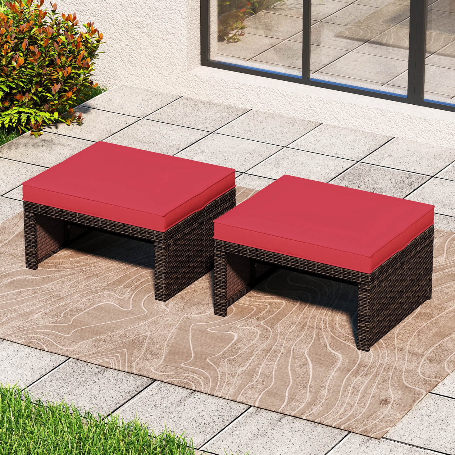 Poufs en rotin PE 2 PCS de Costway avec coussins souples à fermeture à glissière pour terrasse extérieure blanc/marine/rouge/turquoise