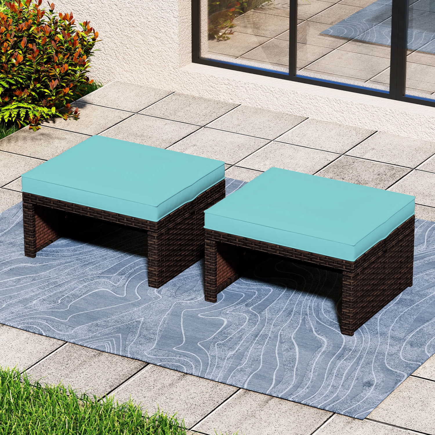 Poufs en rotin PE 2 PCS de Costway avec coussins souples à fermeture à glissière pour terrasse extérieure blanc/marine/rouge/turquoise