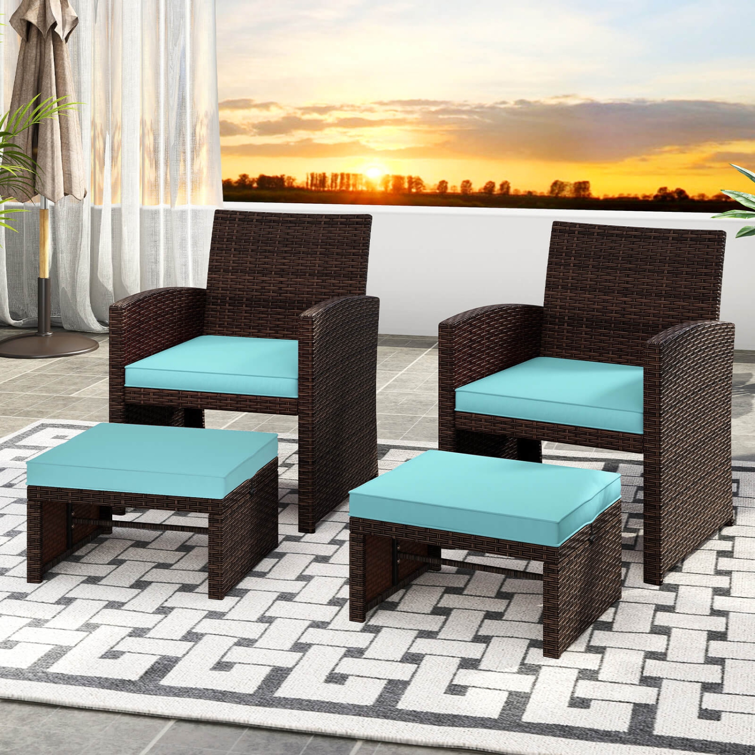 Poufs en rotin PE 2 PCS de Costway avec coussins souples à fermeture à glissière pour terrasse extérieure blanc/marine/rouge/turquoise