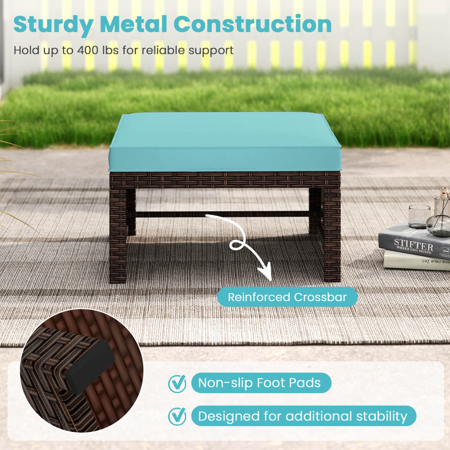 Poufs en rotin PE 2 PCS de Costway avec coussins souples à fermeture à glissière pour terrasse extérieure blanc/marine/rouge/turquoise