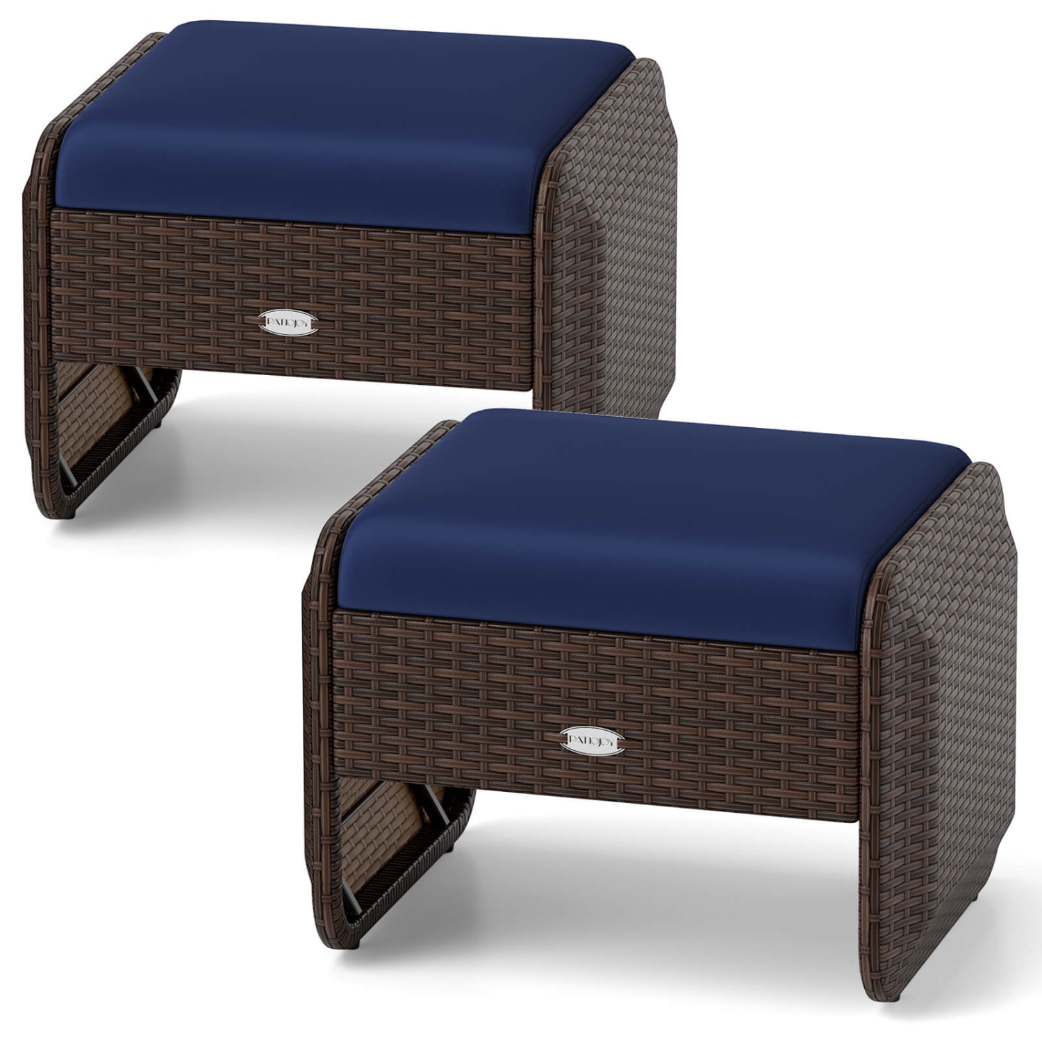 Patiojoy 2 Pieces Outdoor Patio PE Wicker Ottomans with Removable Cushions Footstools Beige/Navy