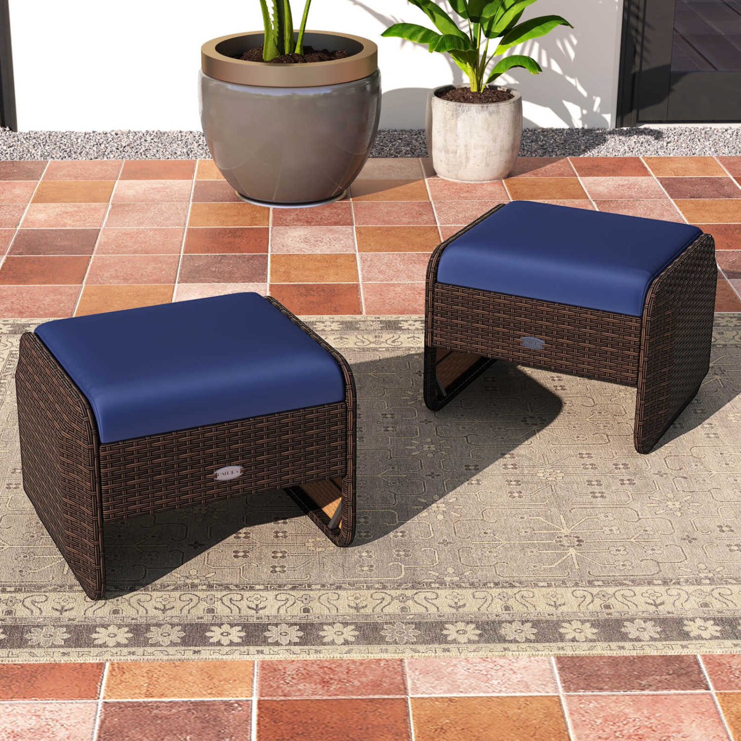 Patiojoy 2 Pieces Outdoor Patio PE Wicker Ottomans with Removable Cushions Footstools Beige/Navy