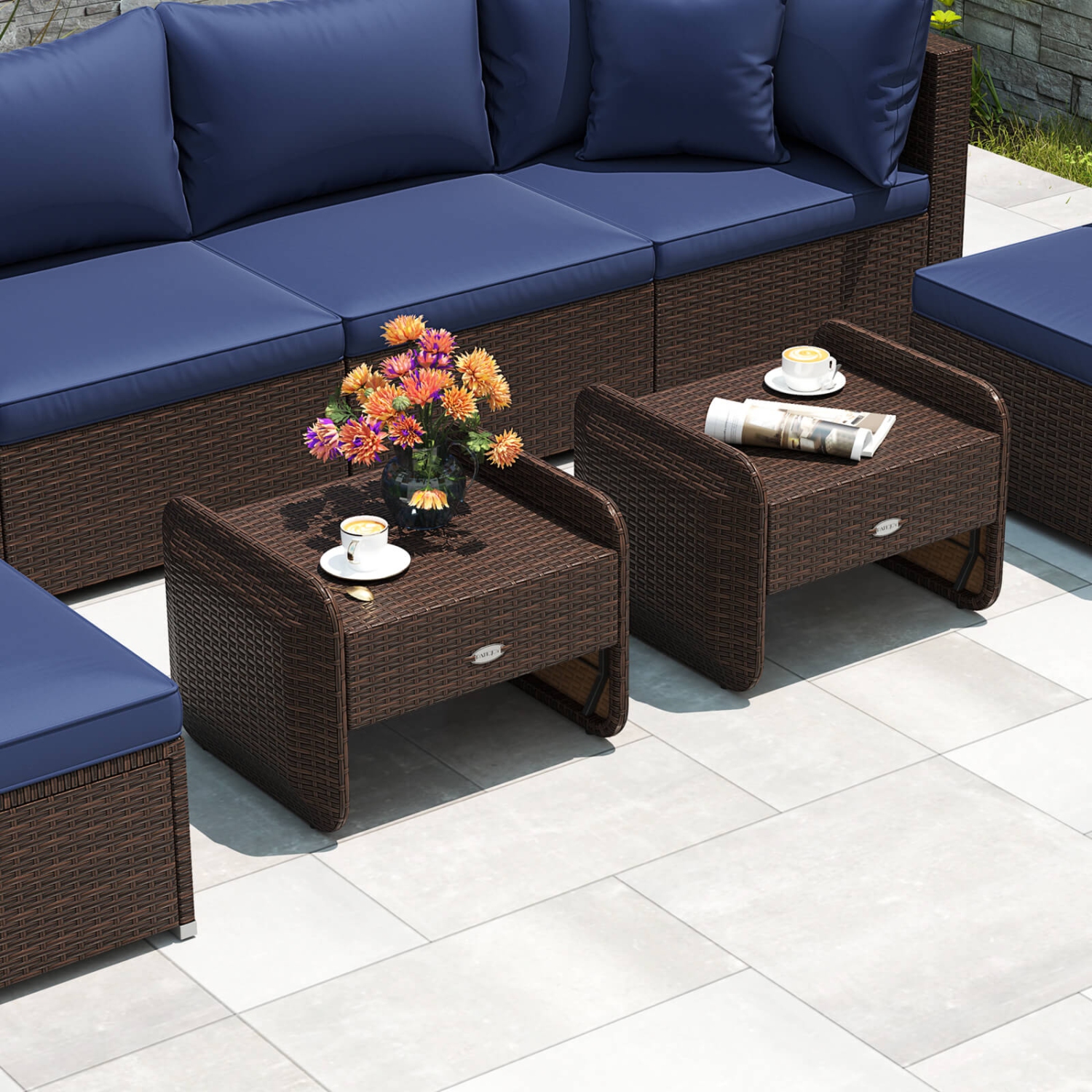 Patiojoy 2 Pieces Outdoor Patio PE Wicker Ottomans with Removable Cushions Footstools Beige/Navy